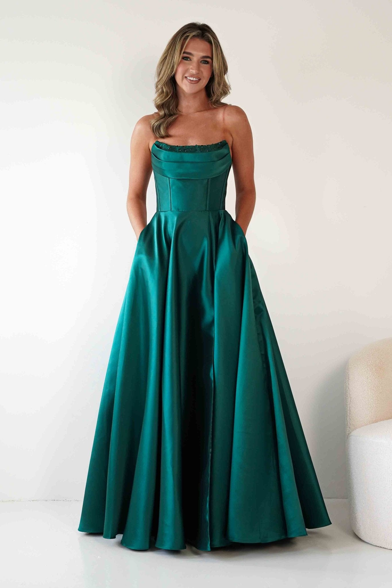 Pepper Strapless A-Line Maxi Gown | Emerald Green | Debs & Prom | Formal Gown | Oh Hello Clothing