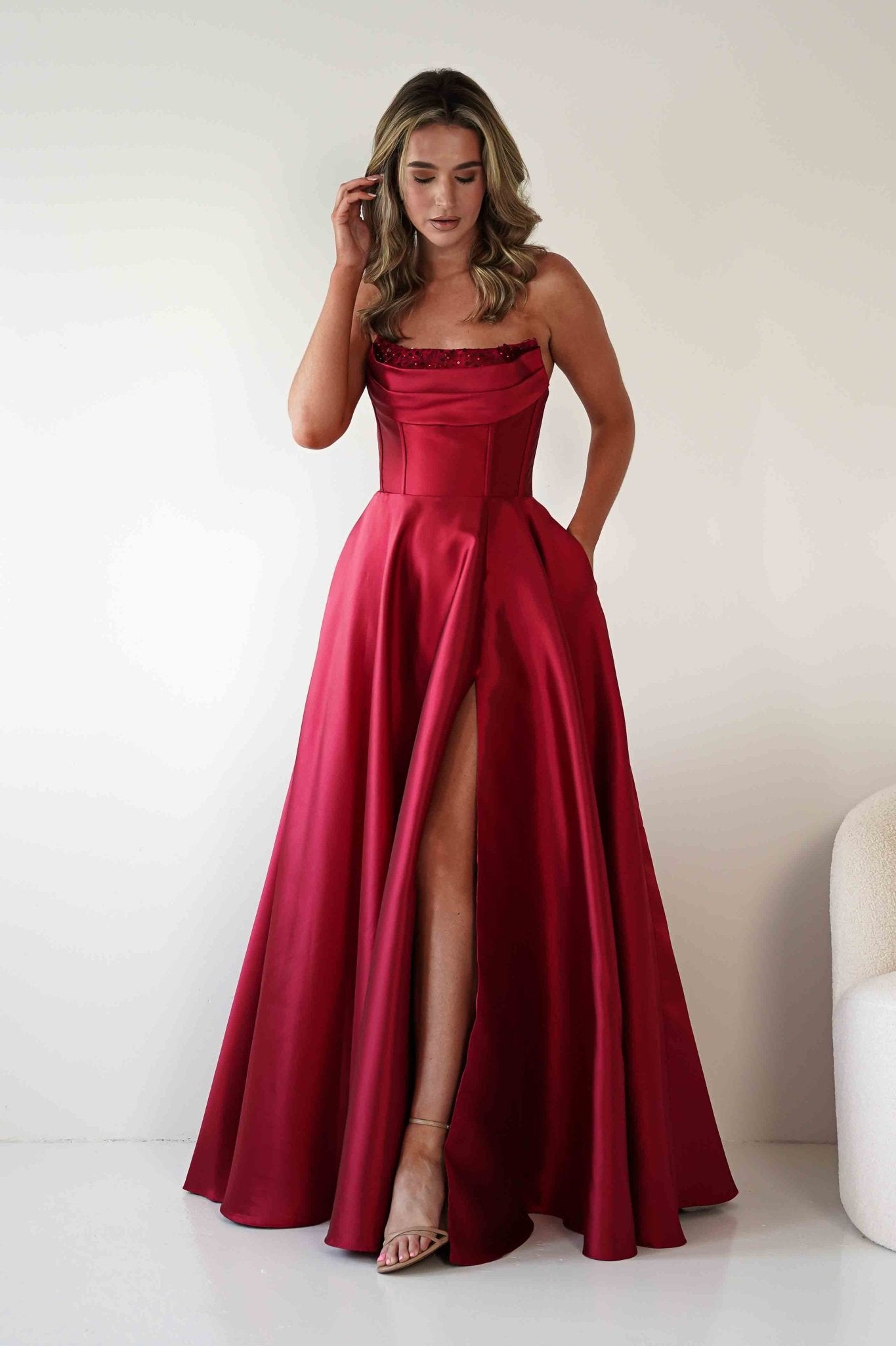 Pepper Strapless A-Line Maxi Gown | Red | Debs & Prom | Formal Gown | Oh Hello Clothing