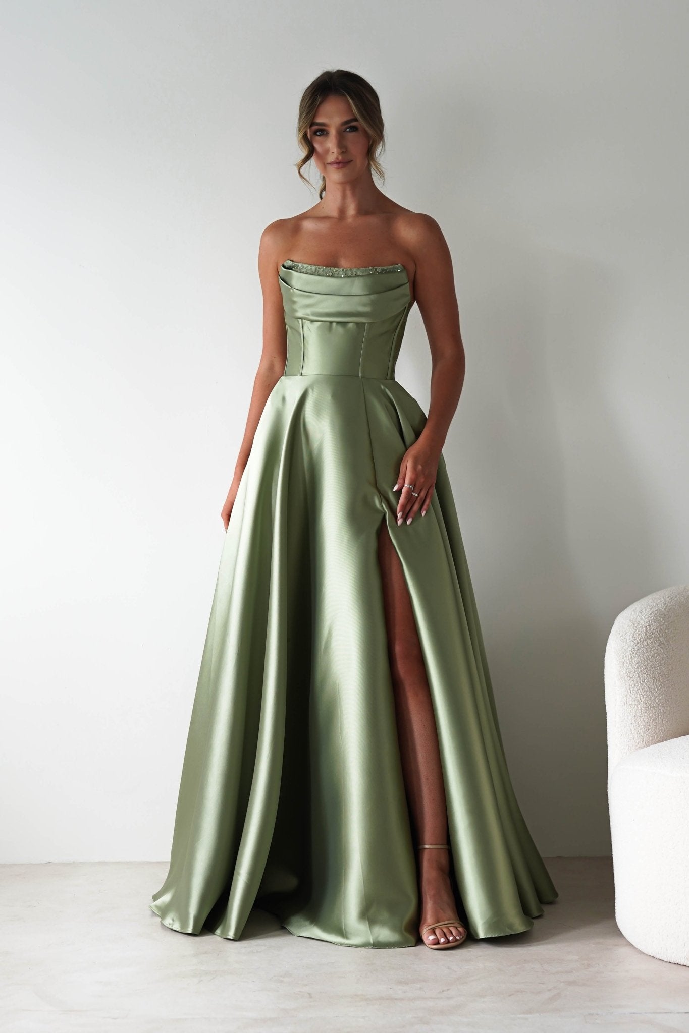 Pepper Strapless A-Line Maxi Gown | Sage | Debs & Prom | Formal Gown | Oh Hello Clothing