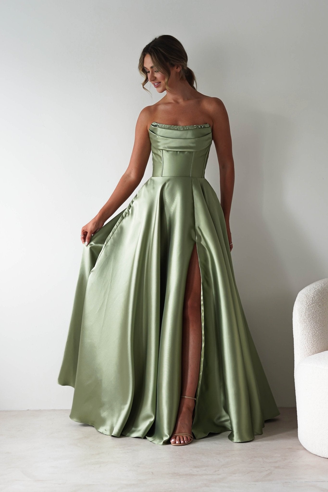 Pepper Strapless A-Line Maxi Gown | Sage | Debs & Prom | Formal Gown | Oh Hello Clothing