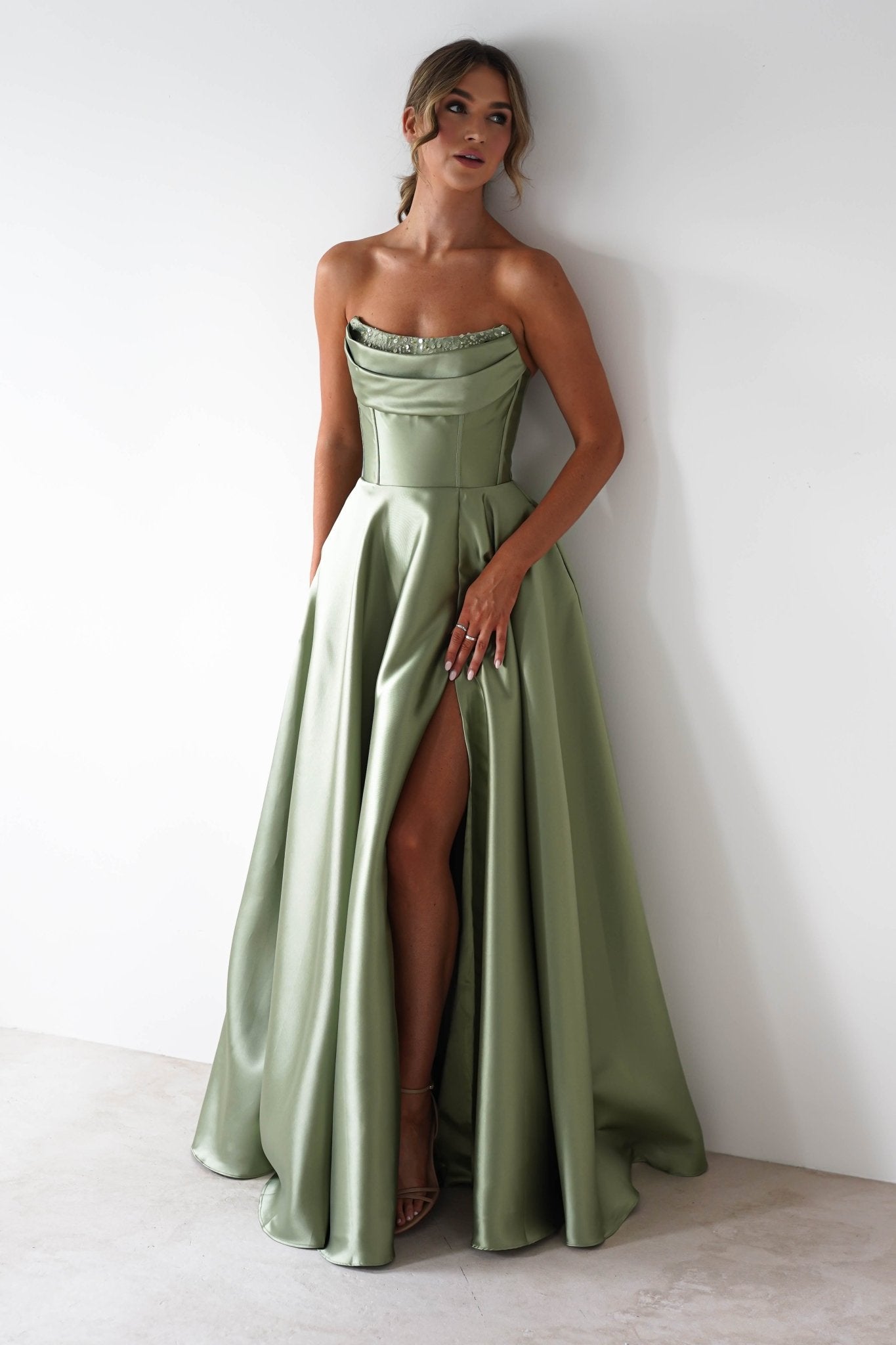Pepper Strapless A-Line Maxi Gown | Sage | Debs & Prom | Formal Gown | Oh Hello Clothing