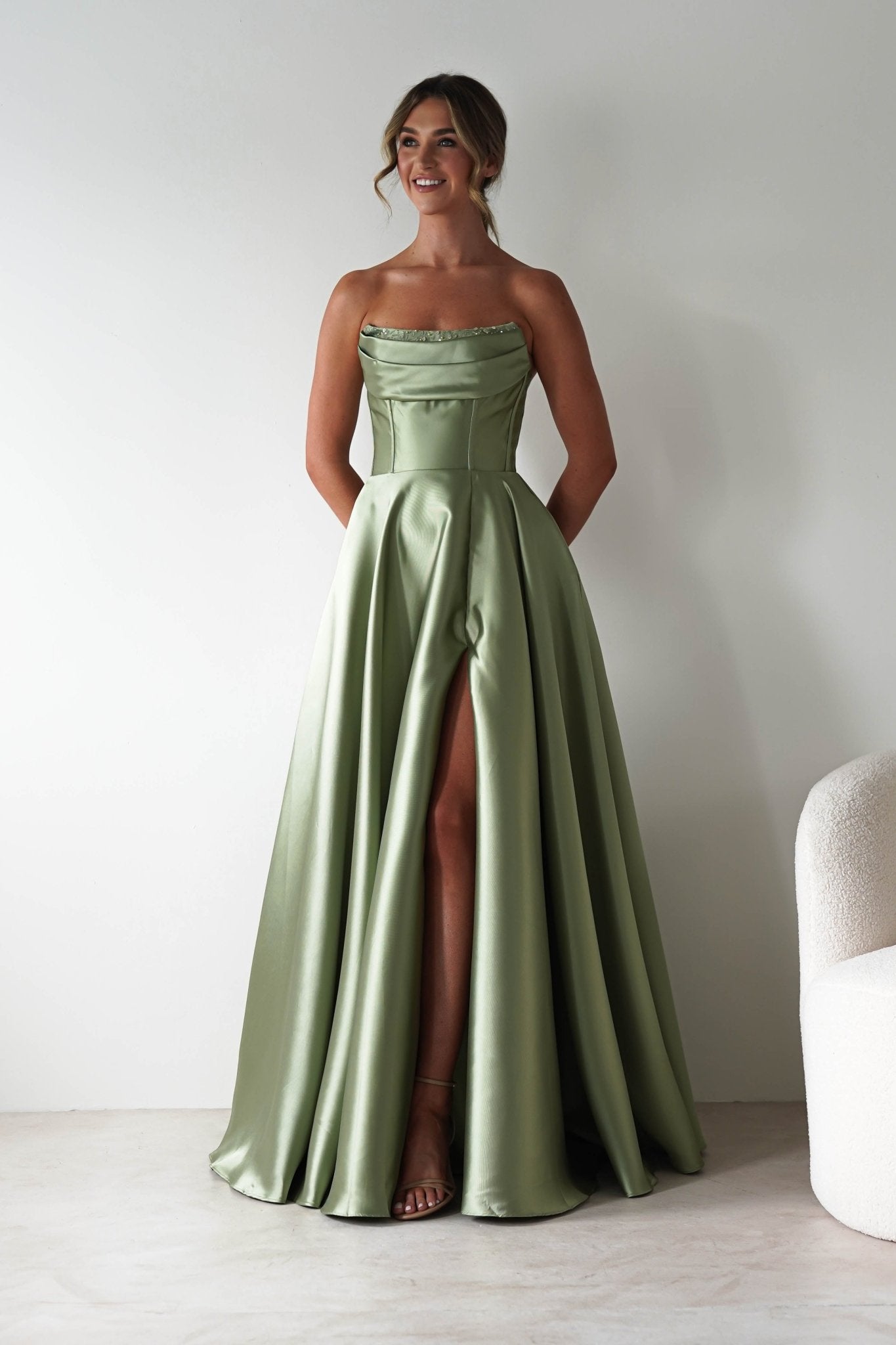 Pepper Strapless A-Line Maxi Gown | Sage | Debs & Prom | Formal Gown | Oh Hello Clothing