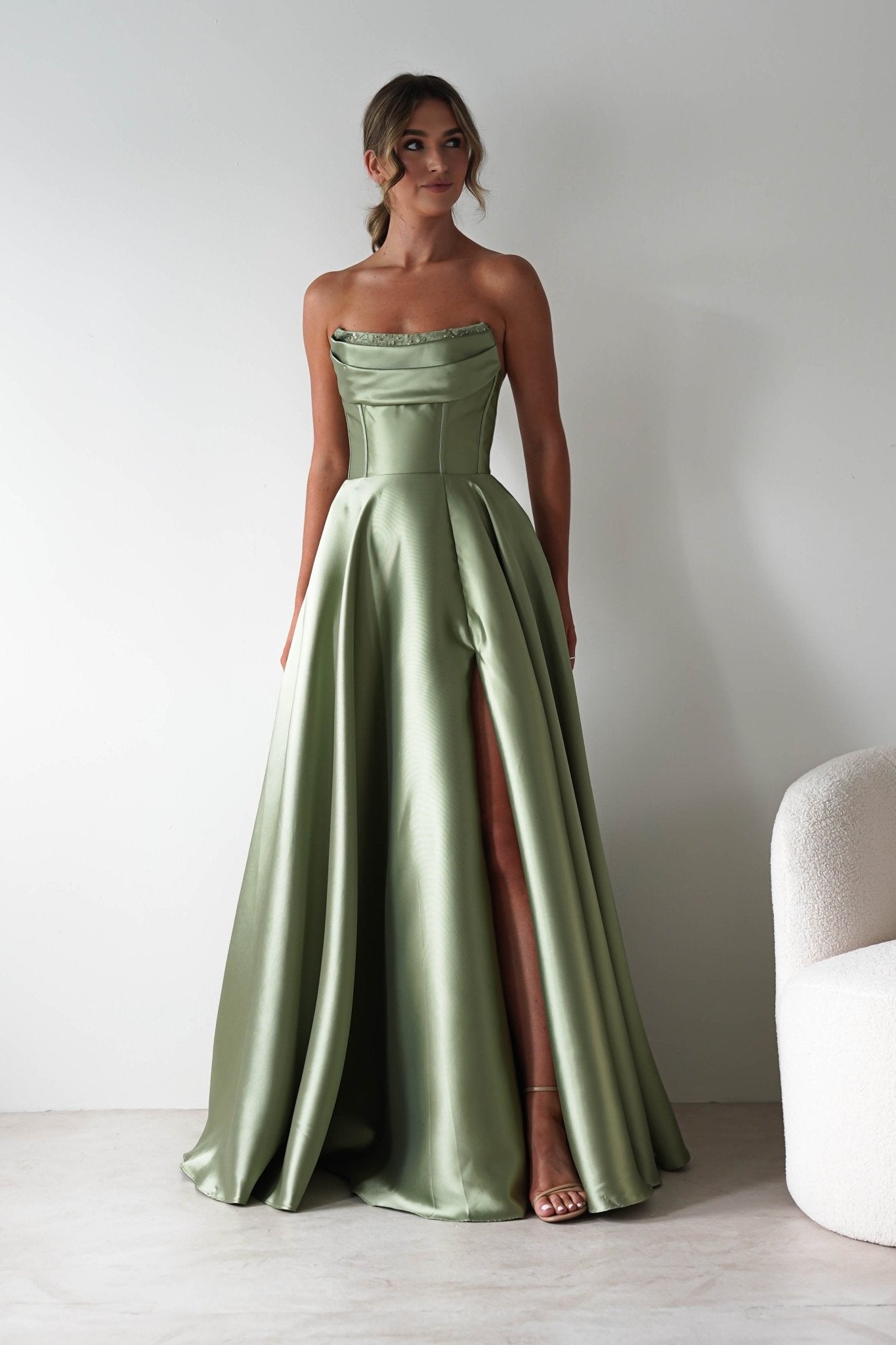 Pepper Strapless A-Line Maxi Gown | Sage | Debs & Prom | Formal Gown | Oh Hello Clothing