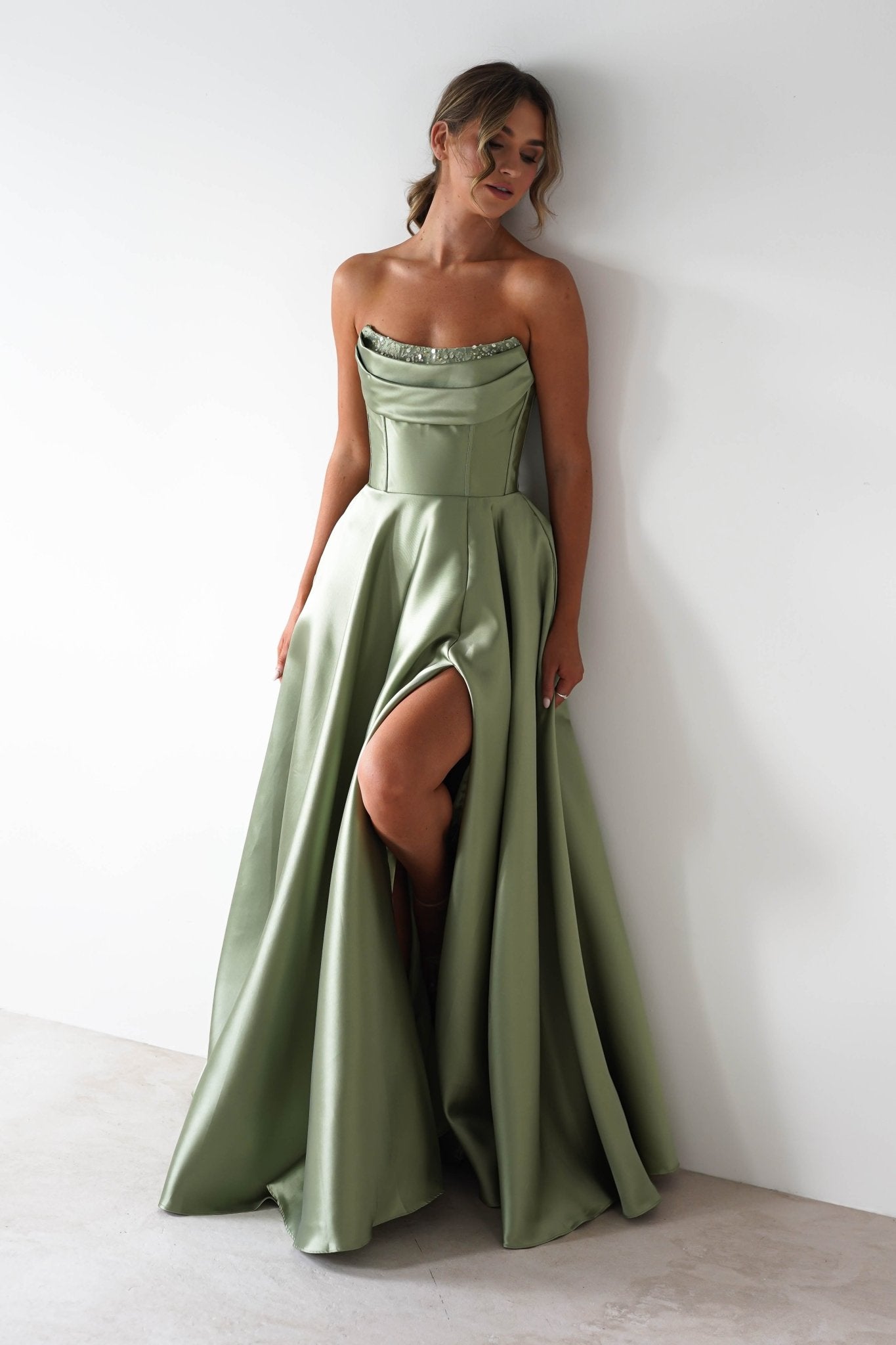 Pepper Strapless A-Line Maxi Gown | Sage | Debs & Prom | Formal Gown | Oh Hello Clothing