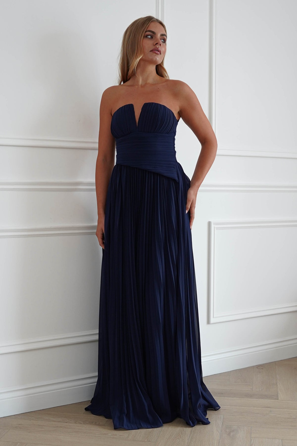 Oh Hello Clothing Women > Clothing > Dresses Porto Strapless Pleated Chiffon Maxi Dress | Navy