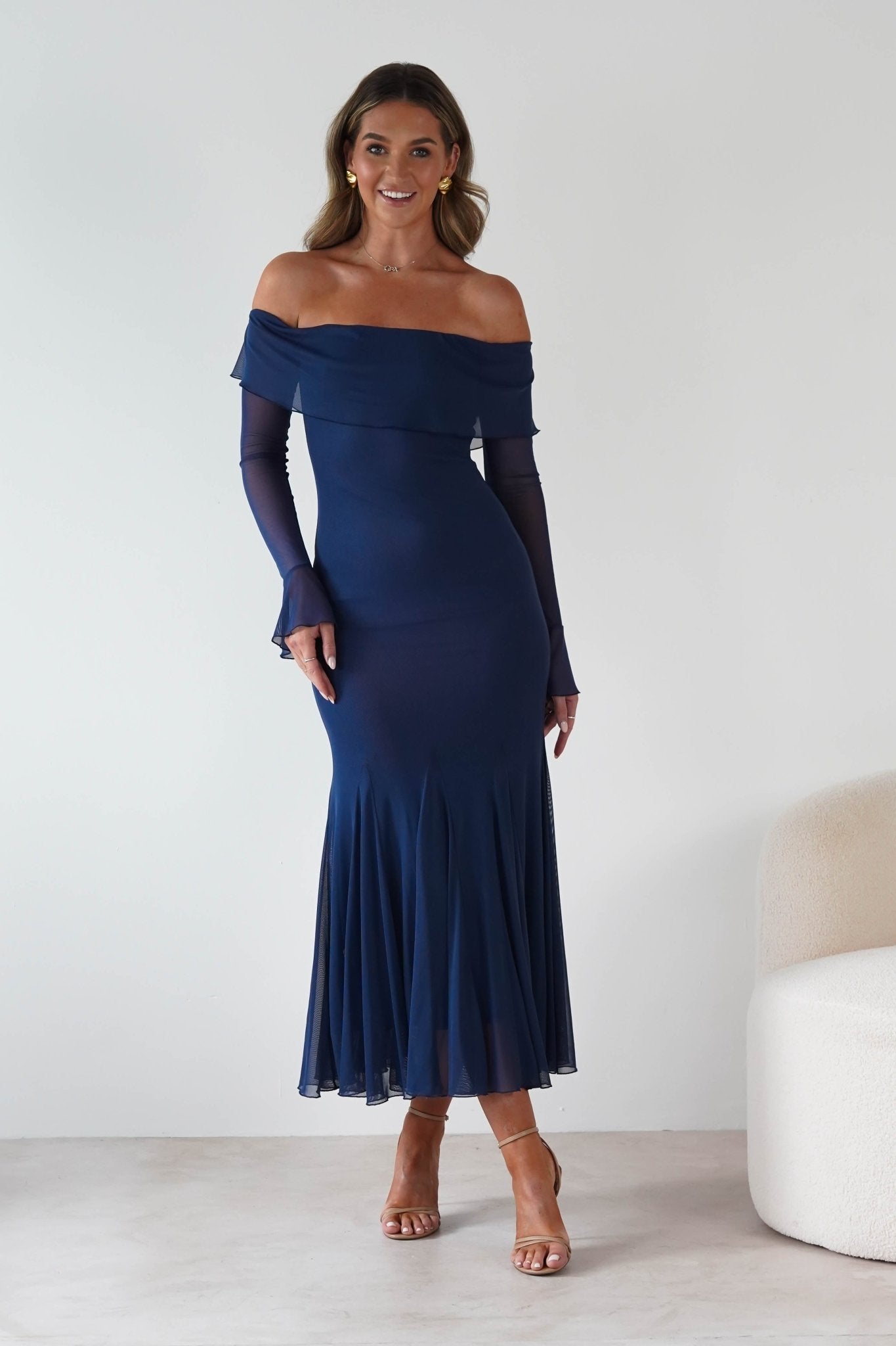 Presley Mesh Long Sleeve Midaxi Dress Blue | Wedding Guest Dress | Long Sleeve | Mesh | Oh Hello Clothing