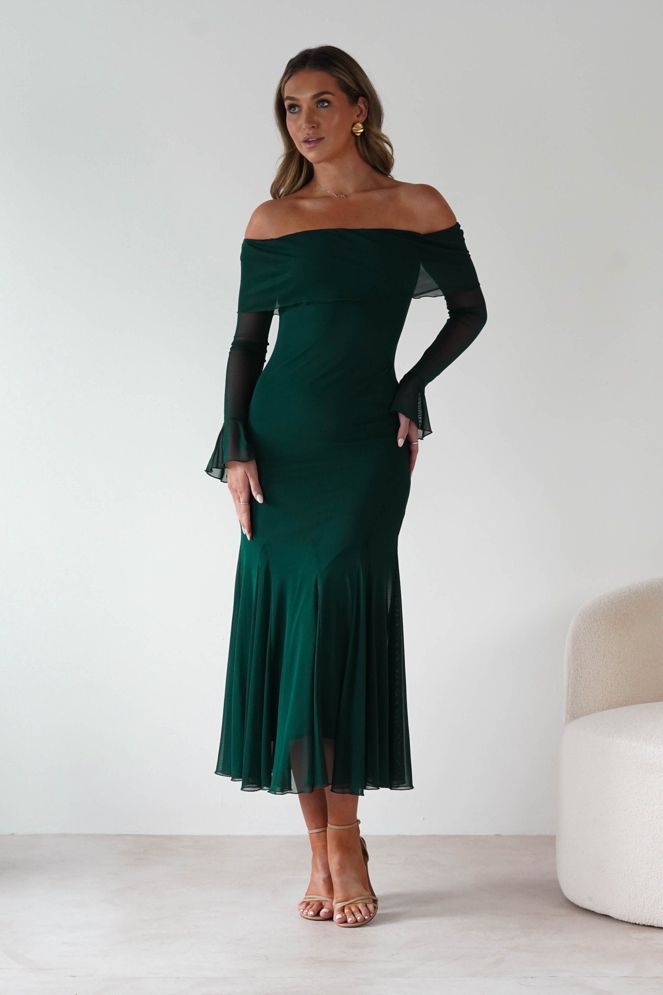 Presley Mesh Long Sleeve Midaxi Dress Forest Green | Wedding Guest Dress | Long Sleeve | Mesh | Oh Hello Clothing