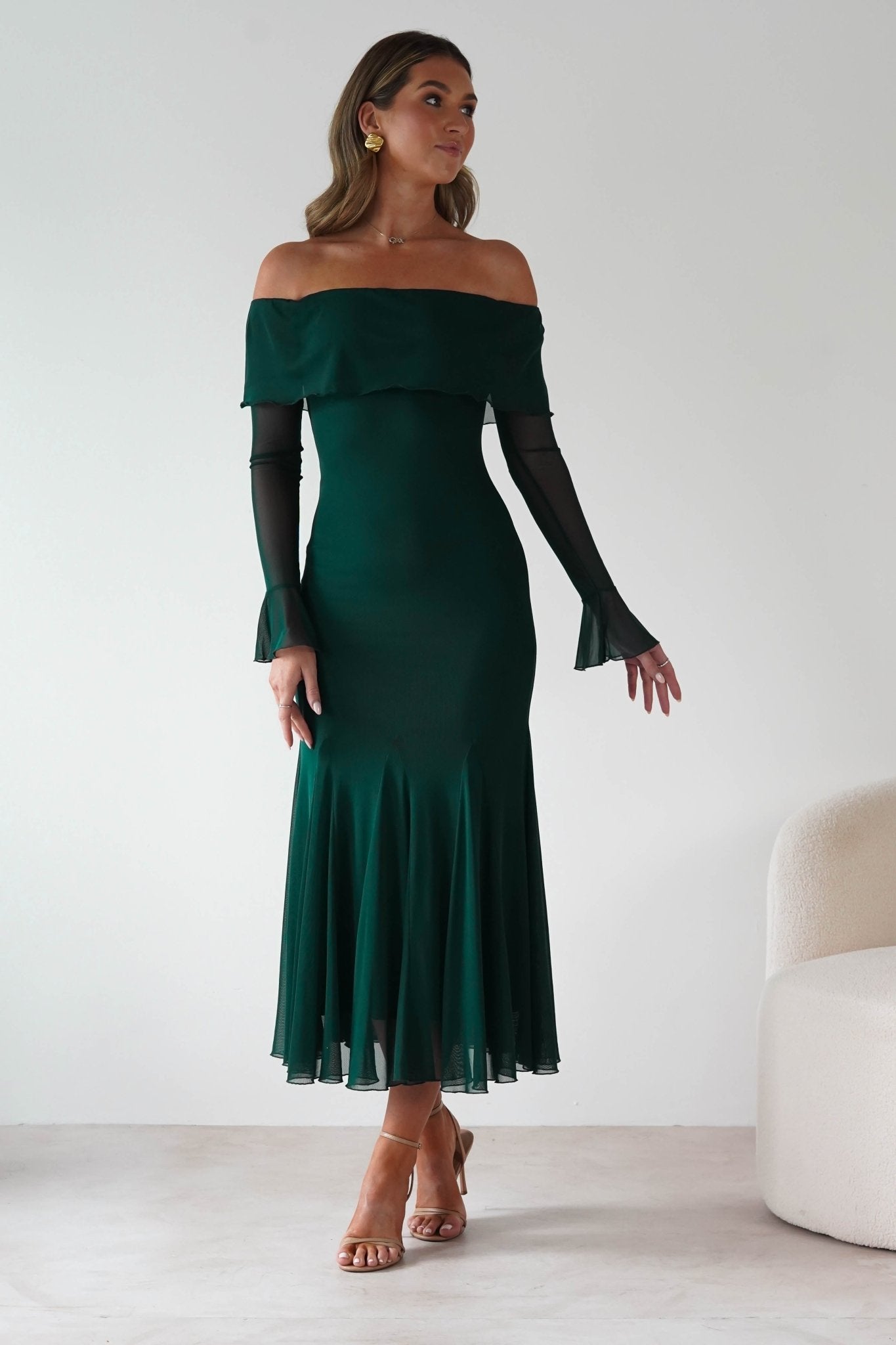 Presley Mesh Long Sleeve Midaxi Dress Forest Green | Wedding Guest Dress | Long Sleeve | Mesh | Oh Hello Clothing