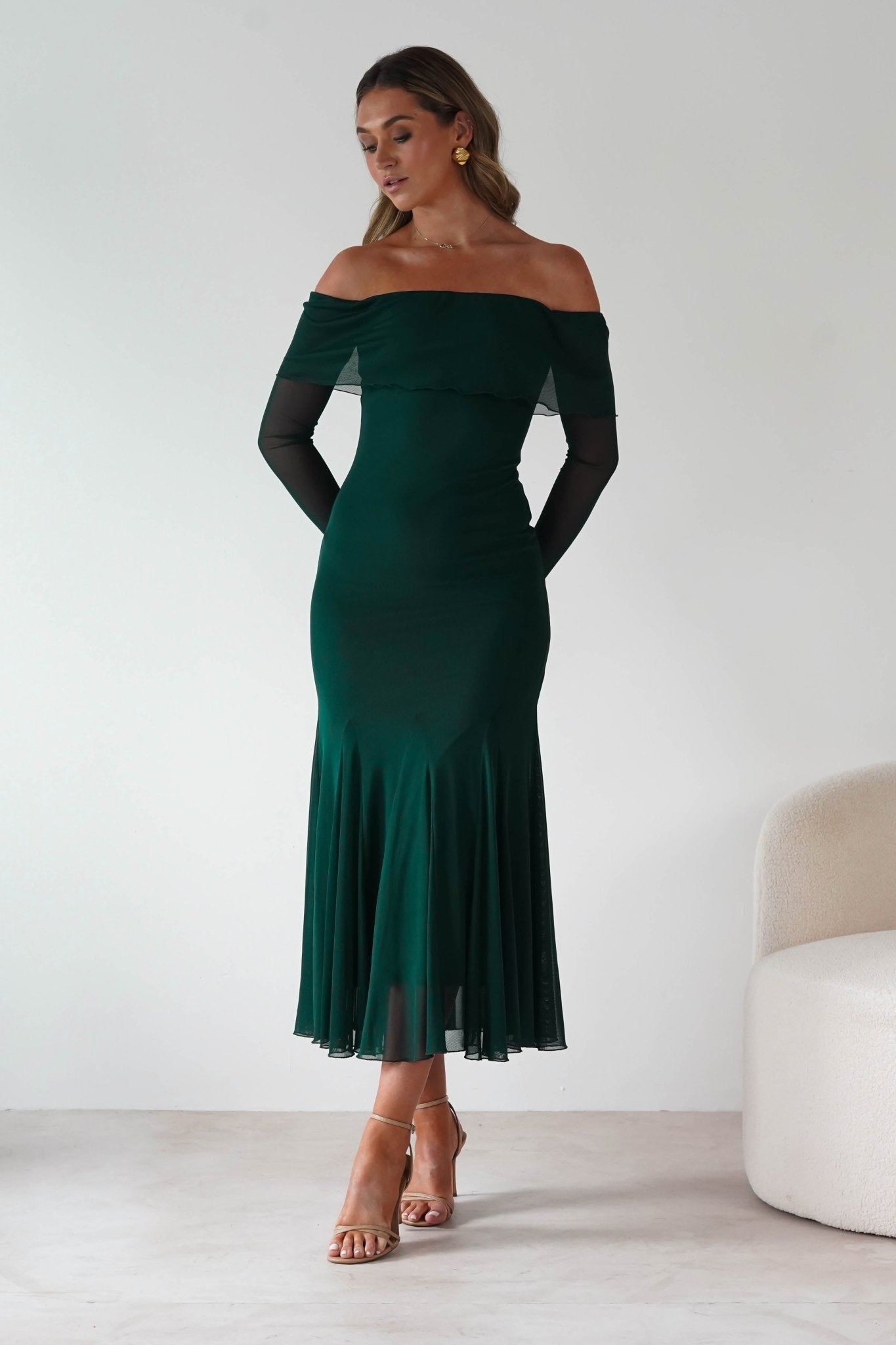 Presley Mesh Long Sleeve Midaxi Dress Forest Green | Wedding Guest Dress | Long Sleeve | Mesh | Oh Hello Clothing