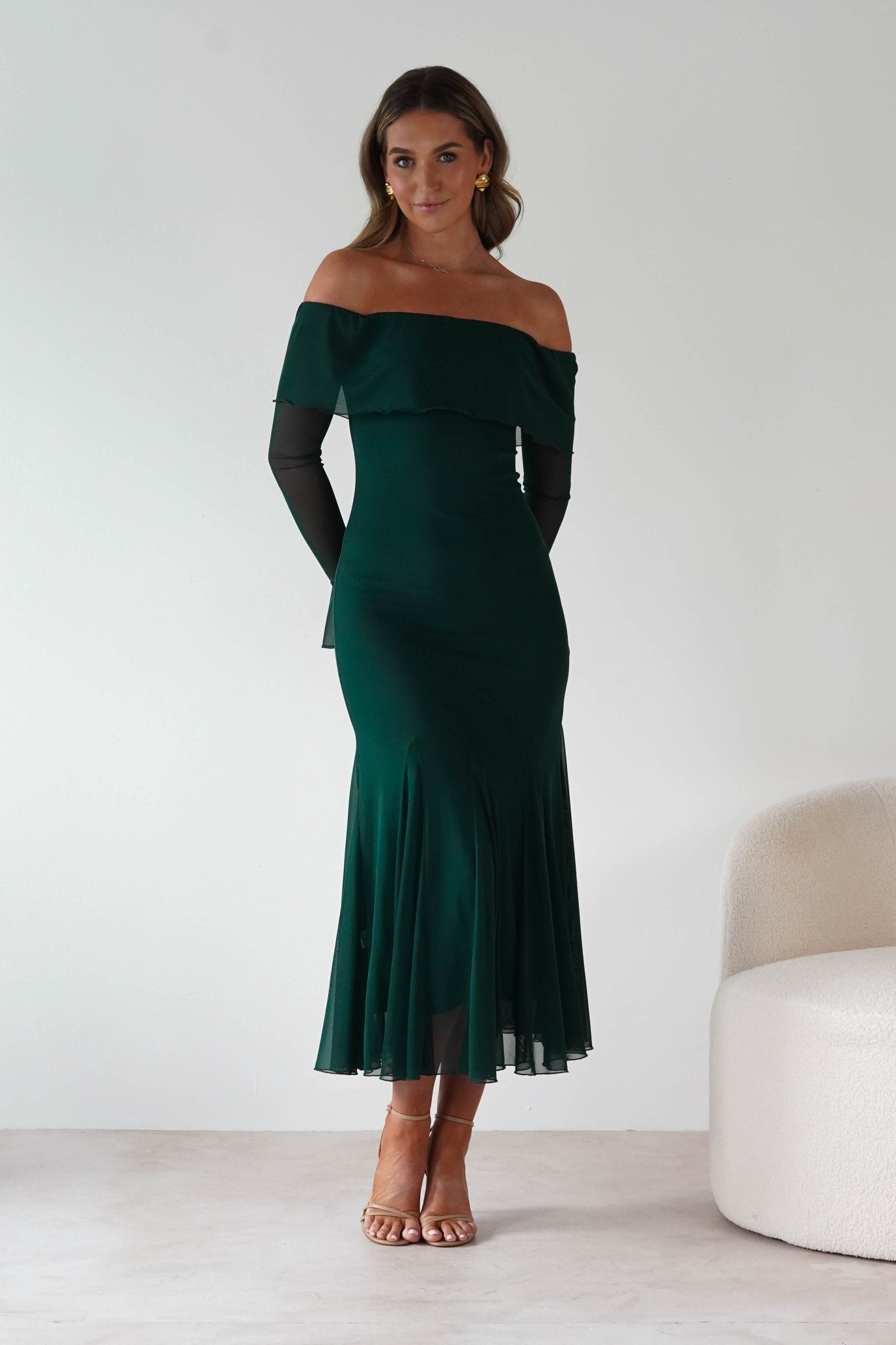 Presley Mesh Long Sleeve Midaxi Dress Forest Green | Wedding Guest Dress | Long Sleeve | Mesh | Oh Hello Clothing