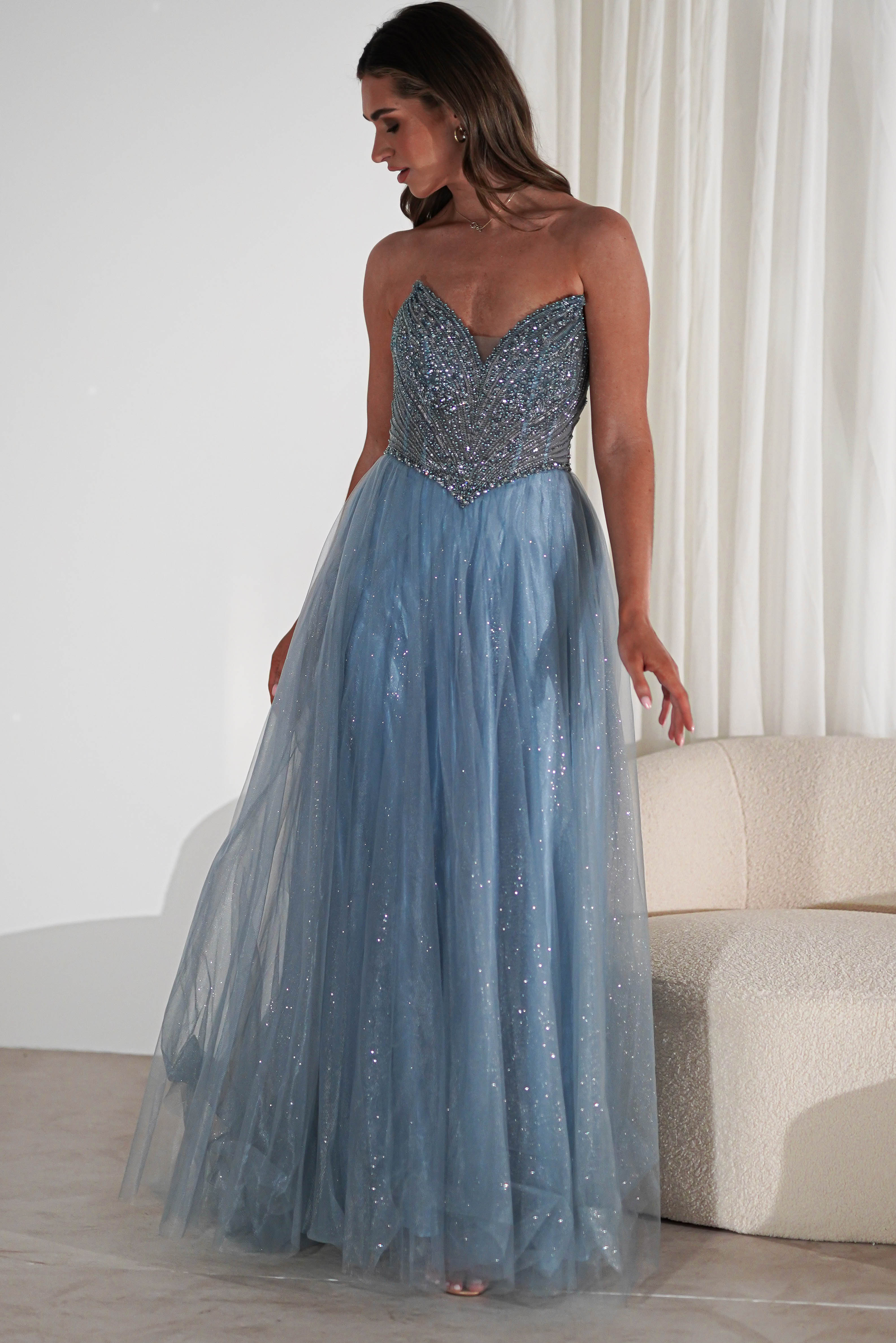 Priscilla Princess Glitter Gown | Dusty Blue | Debs & Prom | Formal Gown | Oh Hello Clothing