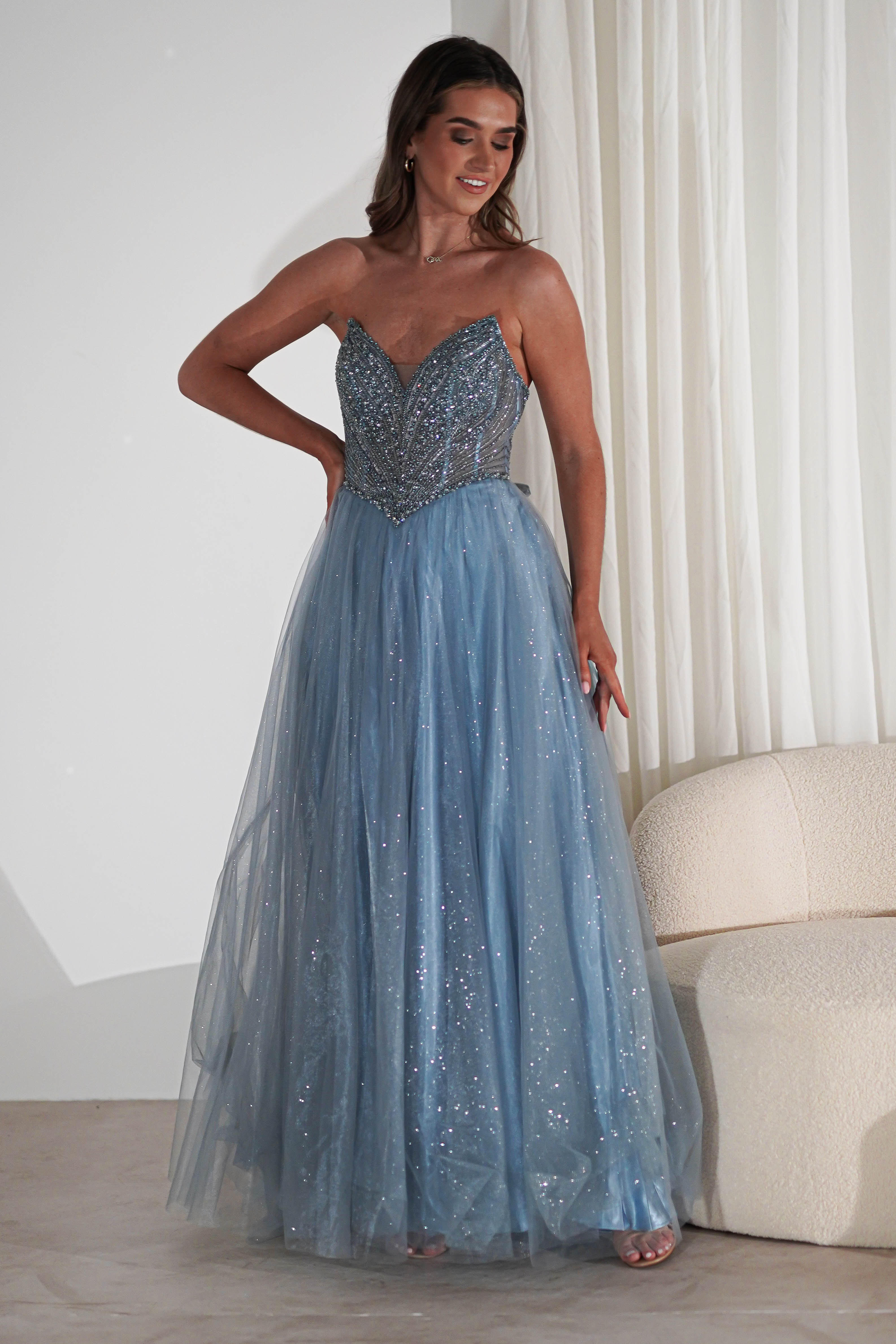Priscilla Princess Glitter Gown | Dusty Blue | Debs & Prom | Formal Gown | Oh Hello Clothing