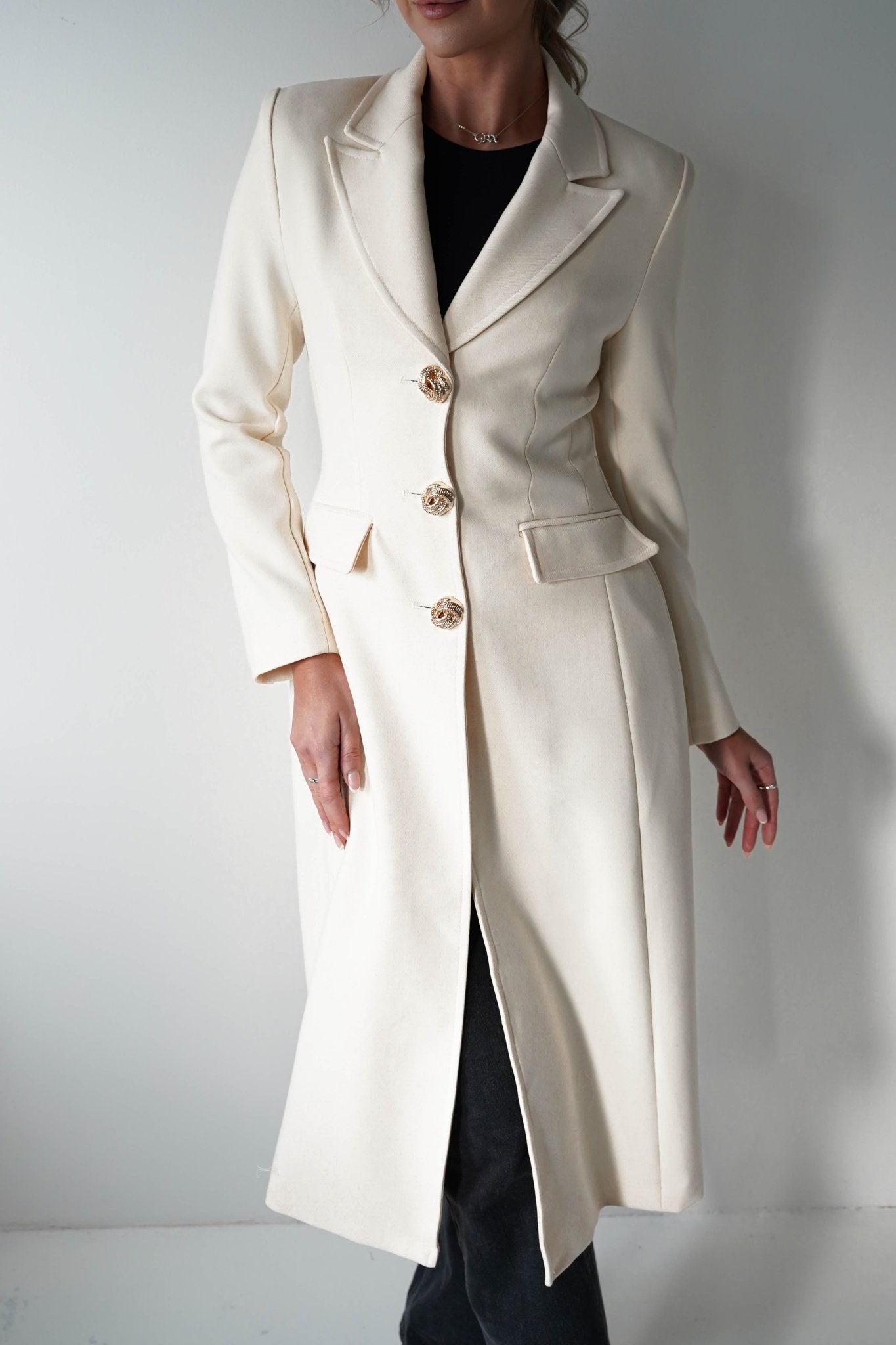 Oh Hello Clothing Blazer & Coats 1*DONE-ATTENTIF-V-2515- CREAM LONG COAT