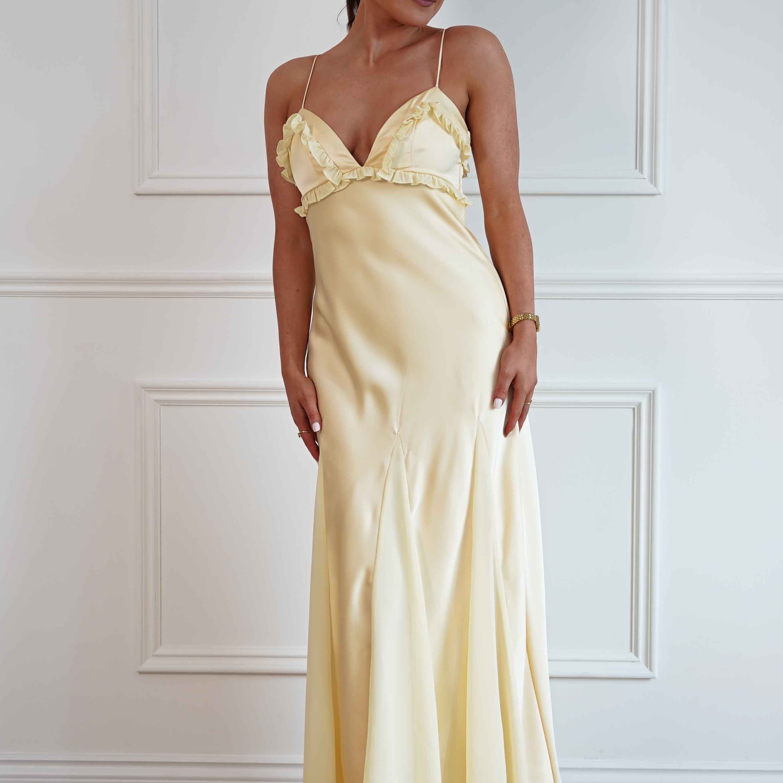 Oh Hello Clothing Women > Clothing > Dresses Remi Frill Trim Satin Maxi Dress | Yellow
