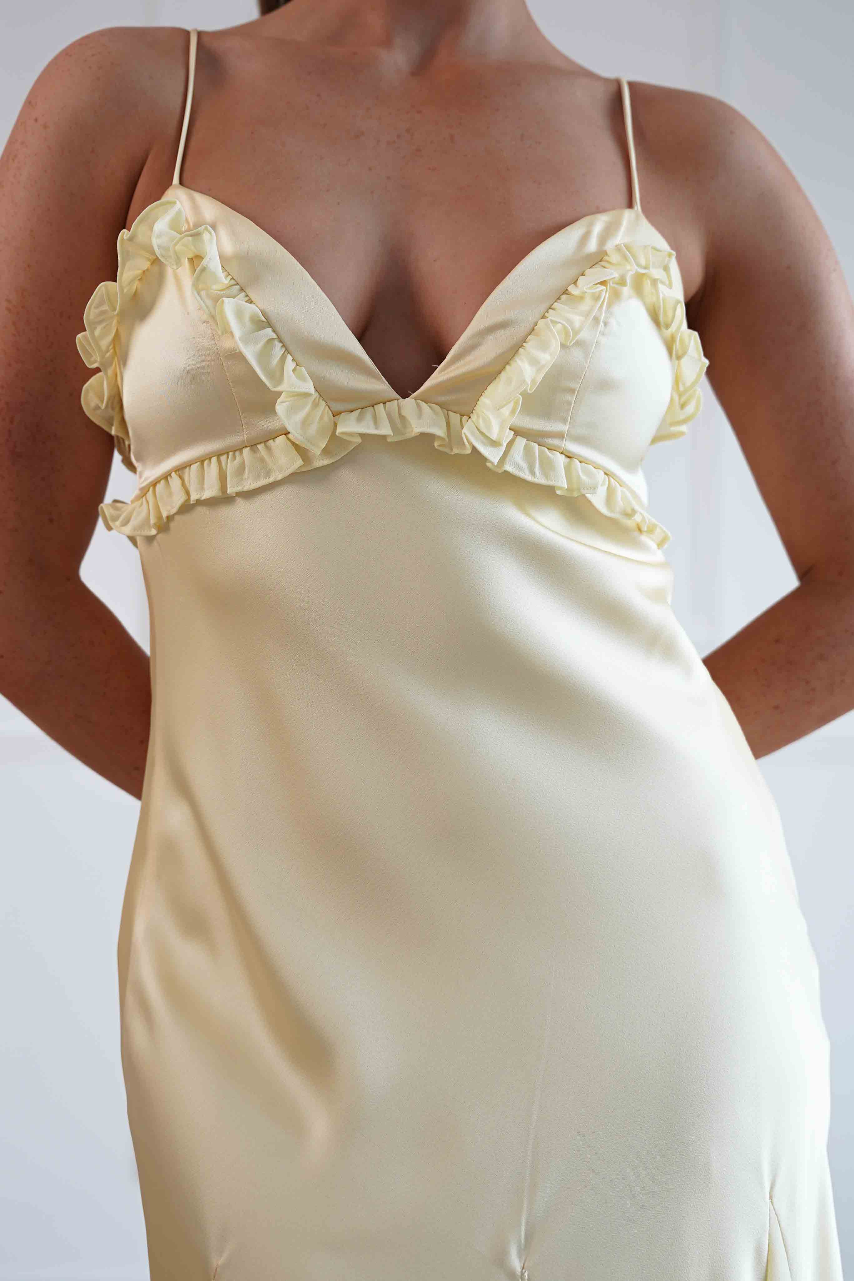 Oh Hello Clothing Women > Clothing > Dresses Remi Frill Trim Satin Maxi Dress | Yellow