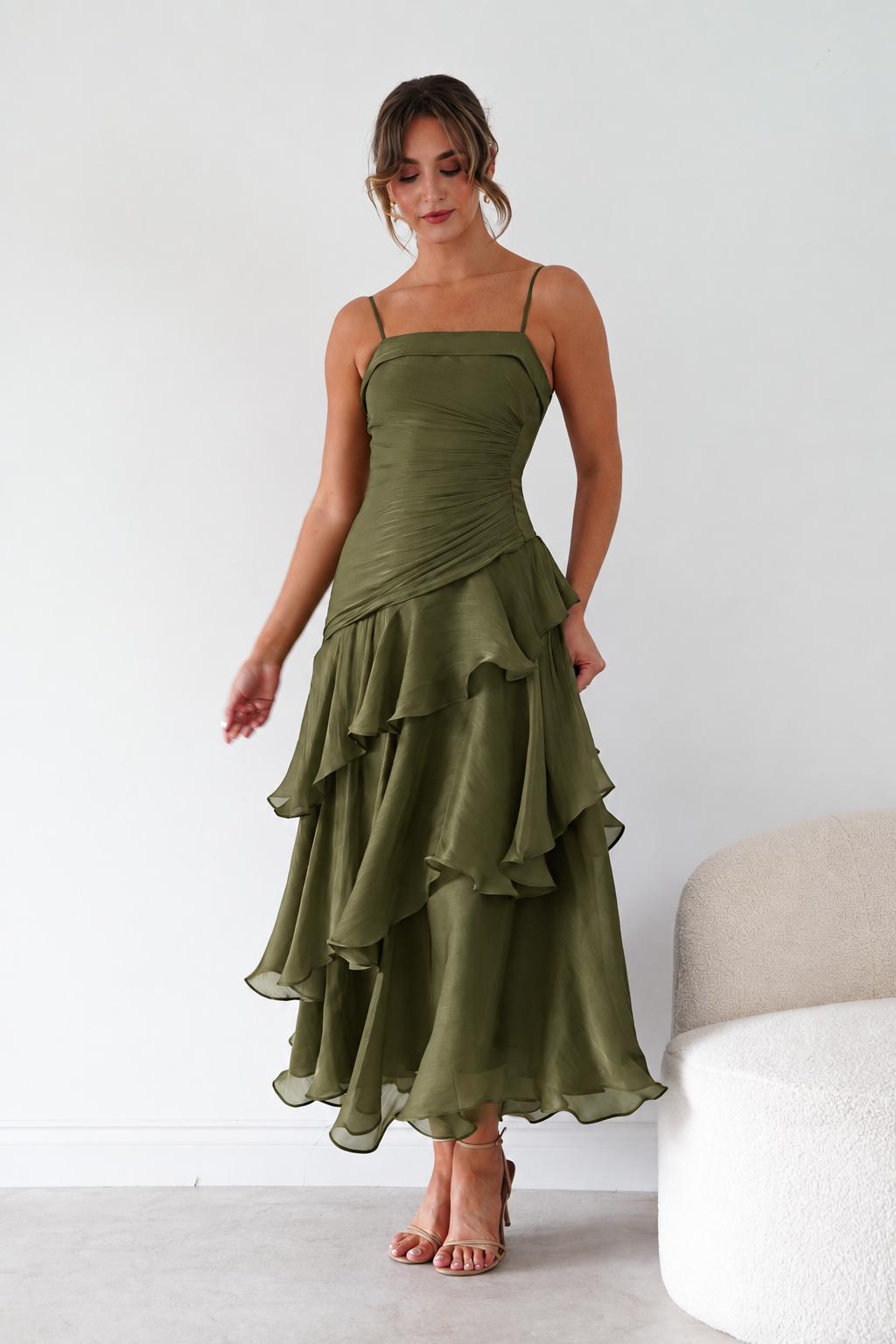 Oh Hello Clothing Women > Clothing > Dresses Renee Luminescent Ruffle Maxi Dress | Olive