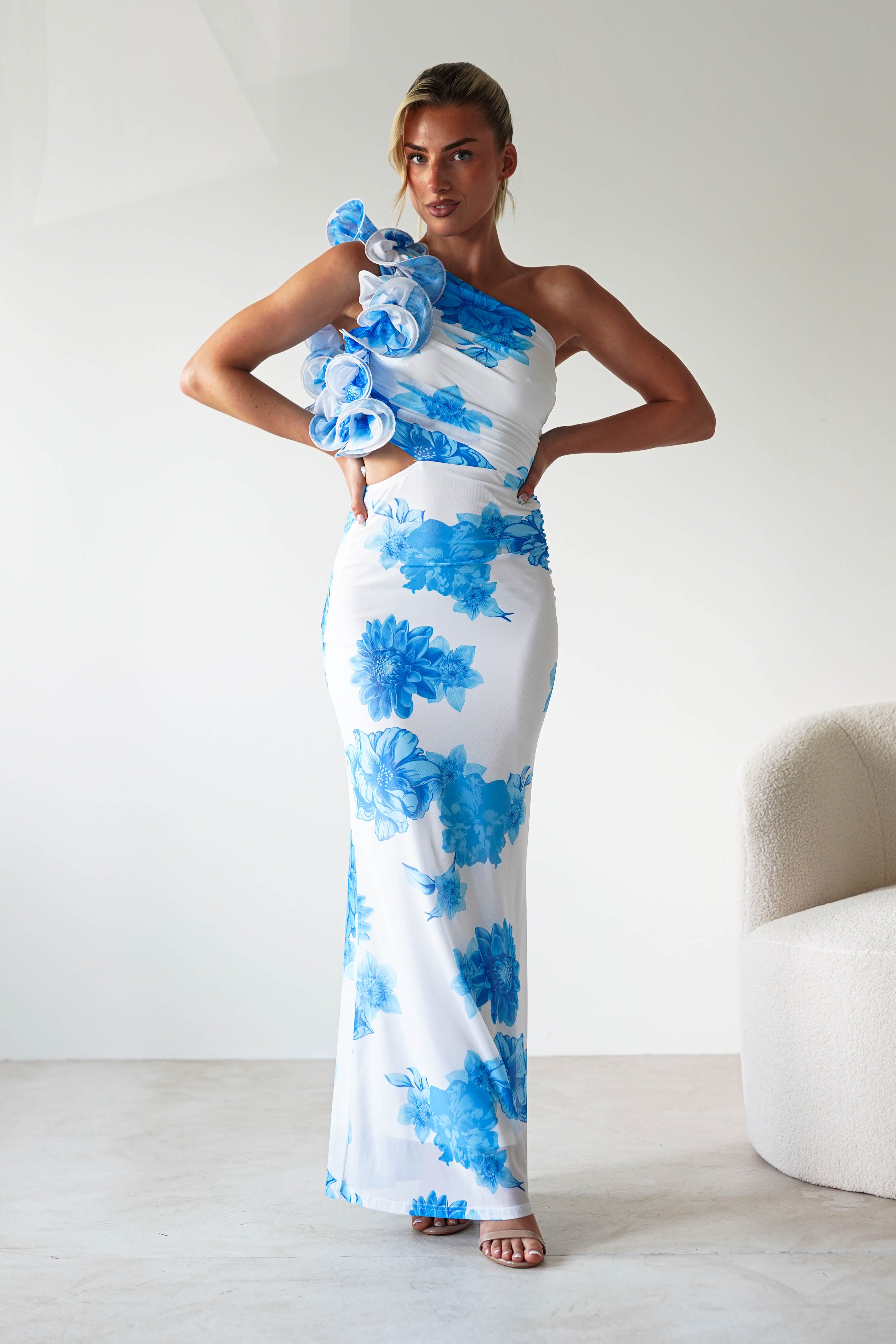 Rhia Ruffle Floral Maxi Dress Blue/White | Wedding Guest Dress | Maxi | Oh Hello Clothing