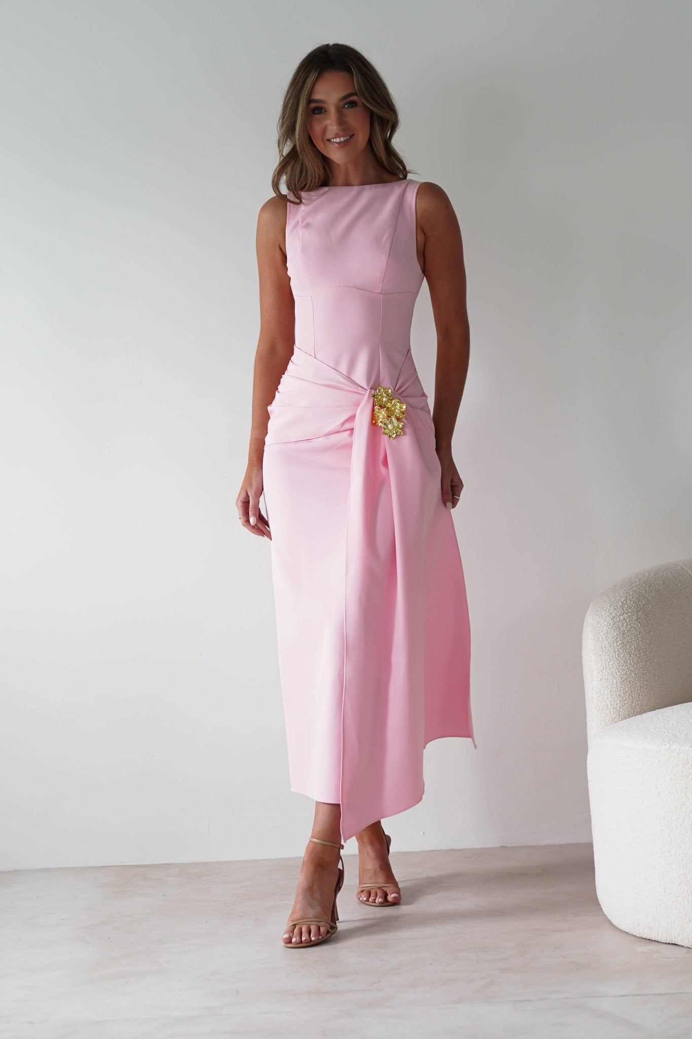 Rina Gathered Waist Midaxi Dress Pink | Wedding Guest Dress | Oh Hello Clothing