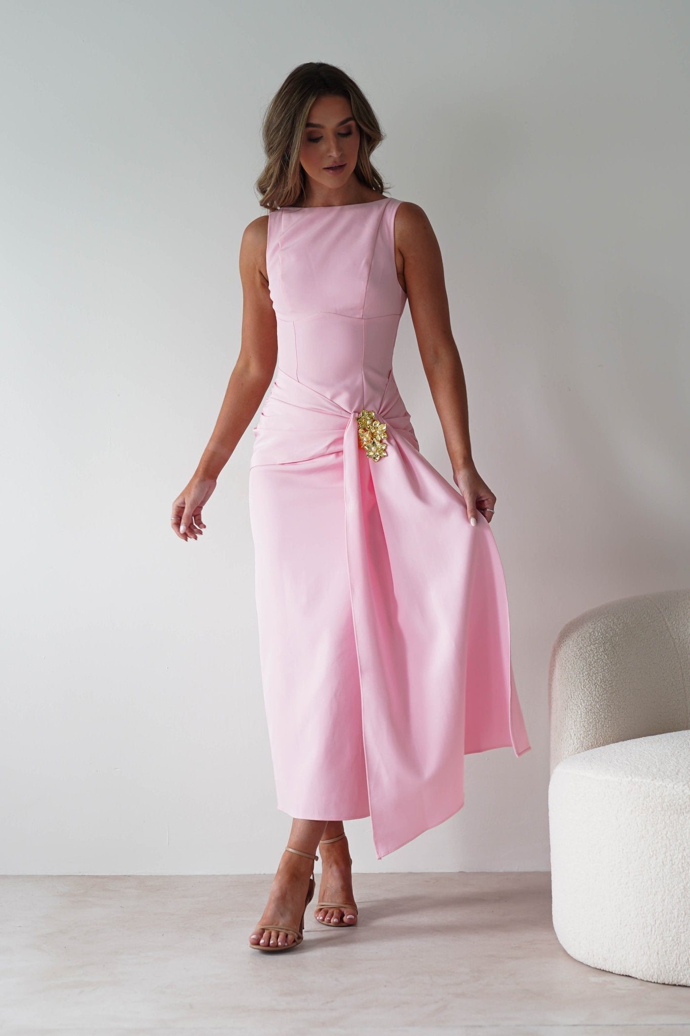 Rina Gathered Waist Midaxi Dress Pink | Wedding Guest Dress | Oh Hello Clothing