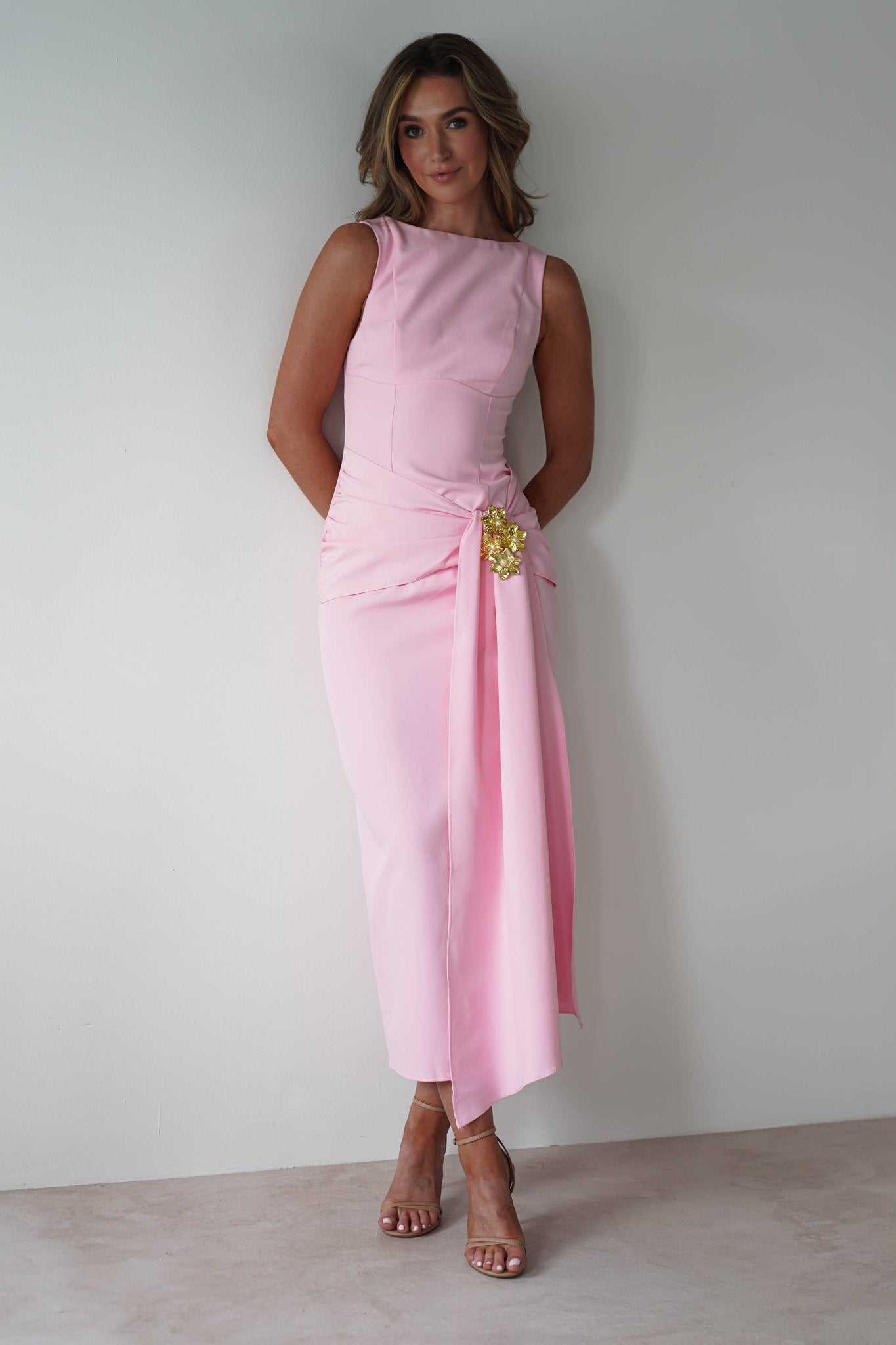 Rina Gathered Waist Midaxi Dress Pink | Wedding Guest Dress | Oh Hello Clothing