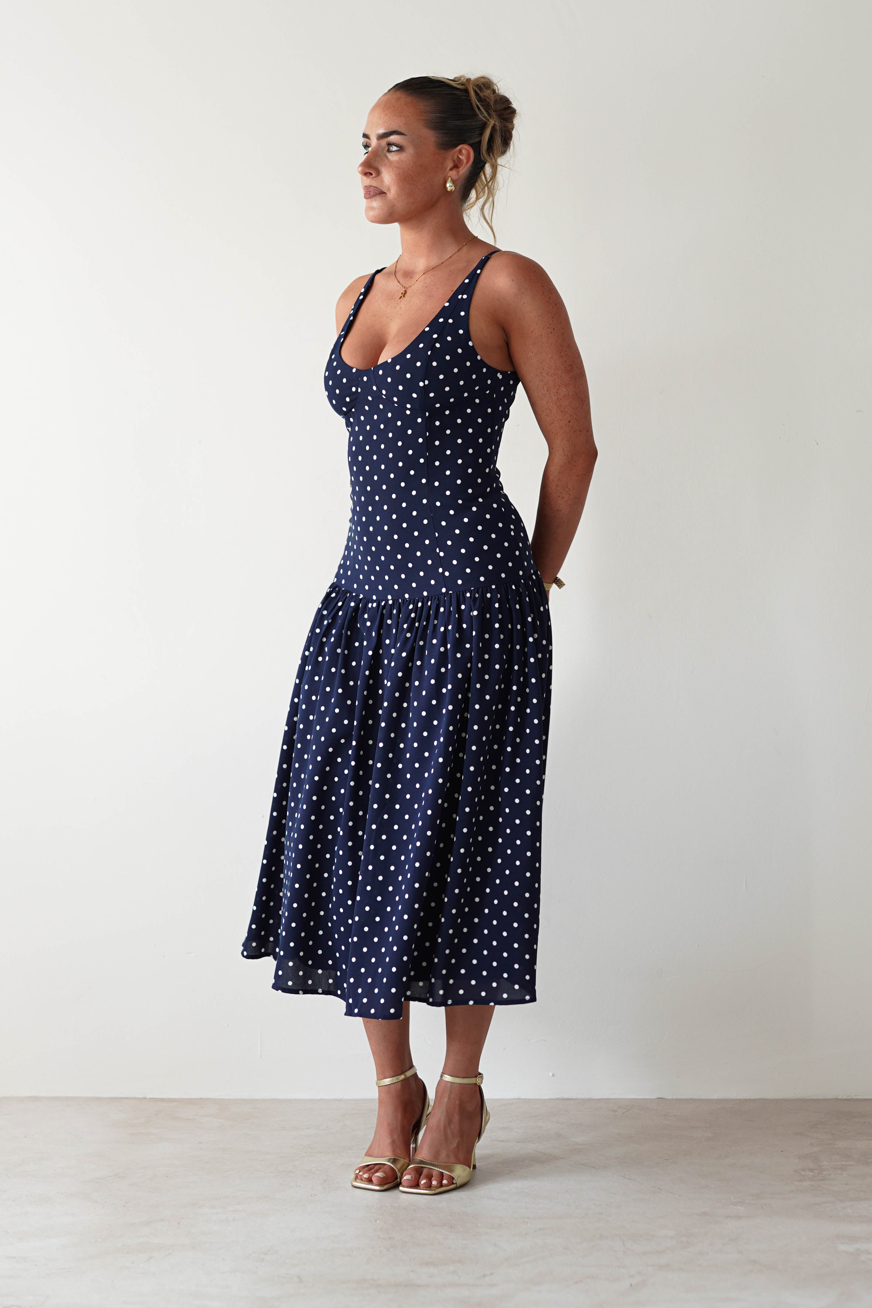 Ritz Polka Dot Drop-hem Midi Dress Navy | Wedding Guest Dress | Midi | Oh Hello Clothing