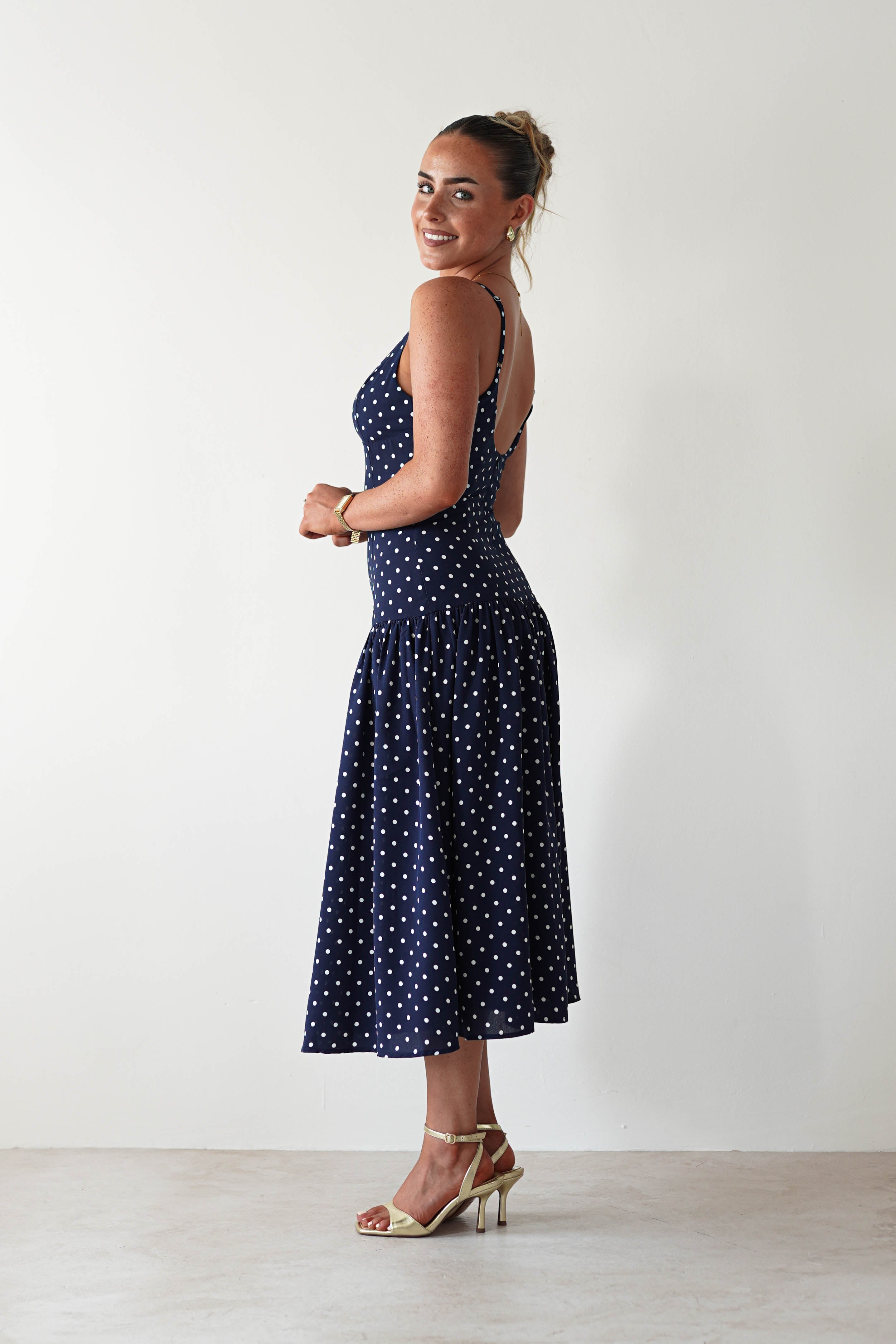 Ritz Polka Dot Drop-hem Midi Dress Navy | Wedding Guest Dress | Midi | Oh Hello Clothing
