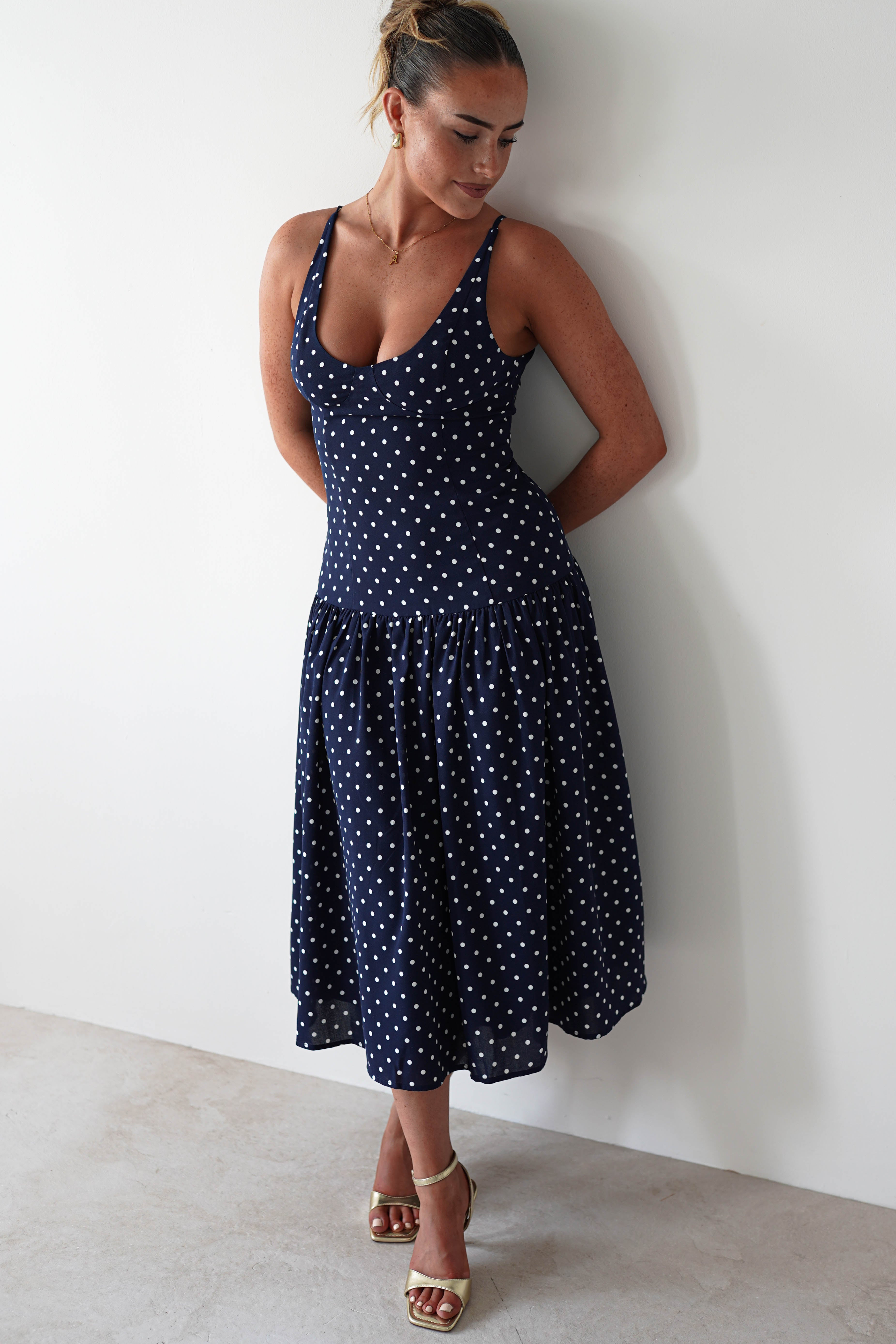 Ritz Polka Dot Drop-hem Midi Dress Navy | Wedding Guest Dress | Midi | Oh Hello Clothing