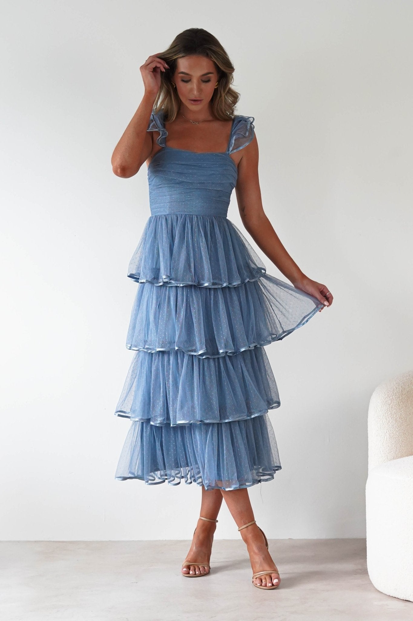 Riverina Tulle Layered Midi Dress Blue | Wedding Guest Dress | Midi | Oh Hello Clothing