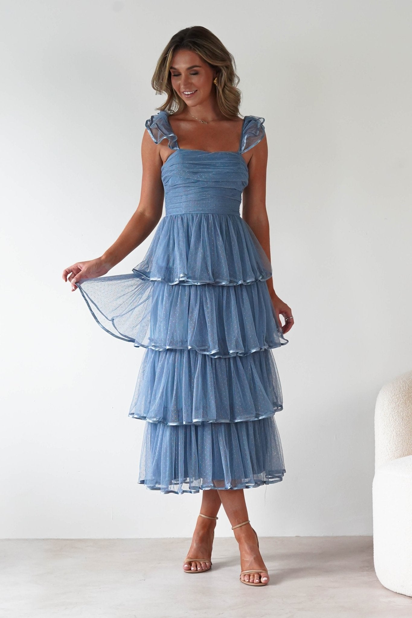 Riverina Tulle Layered Midi Dress Blue | Wedding Guest Dress | Midi | Oh Hello Clothing