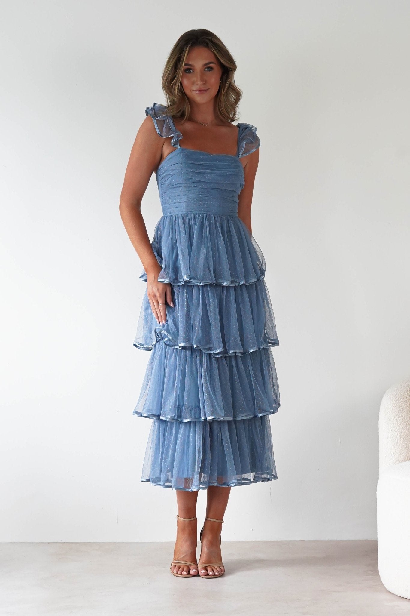 Riverina Tulle Layered Midi Dress Blue | Wedding Guest Dress | Midi | Oh Hello Clothing