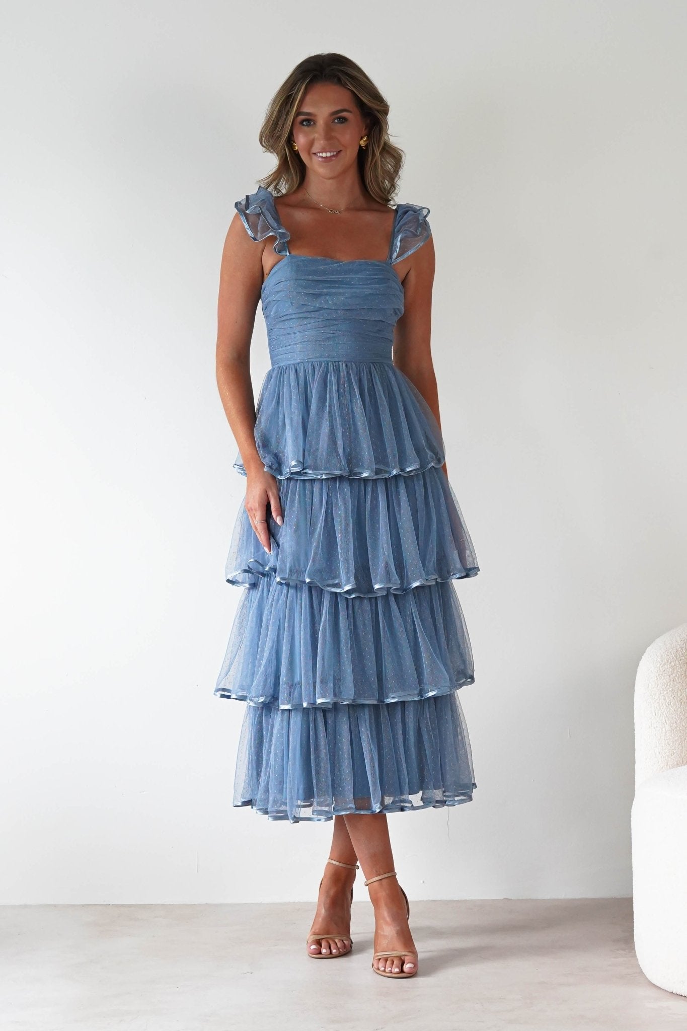 Riverina Tulle Layered Midi Dress Blue | Wedding Guest Dress | Midi | Oh Hello Clothing