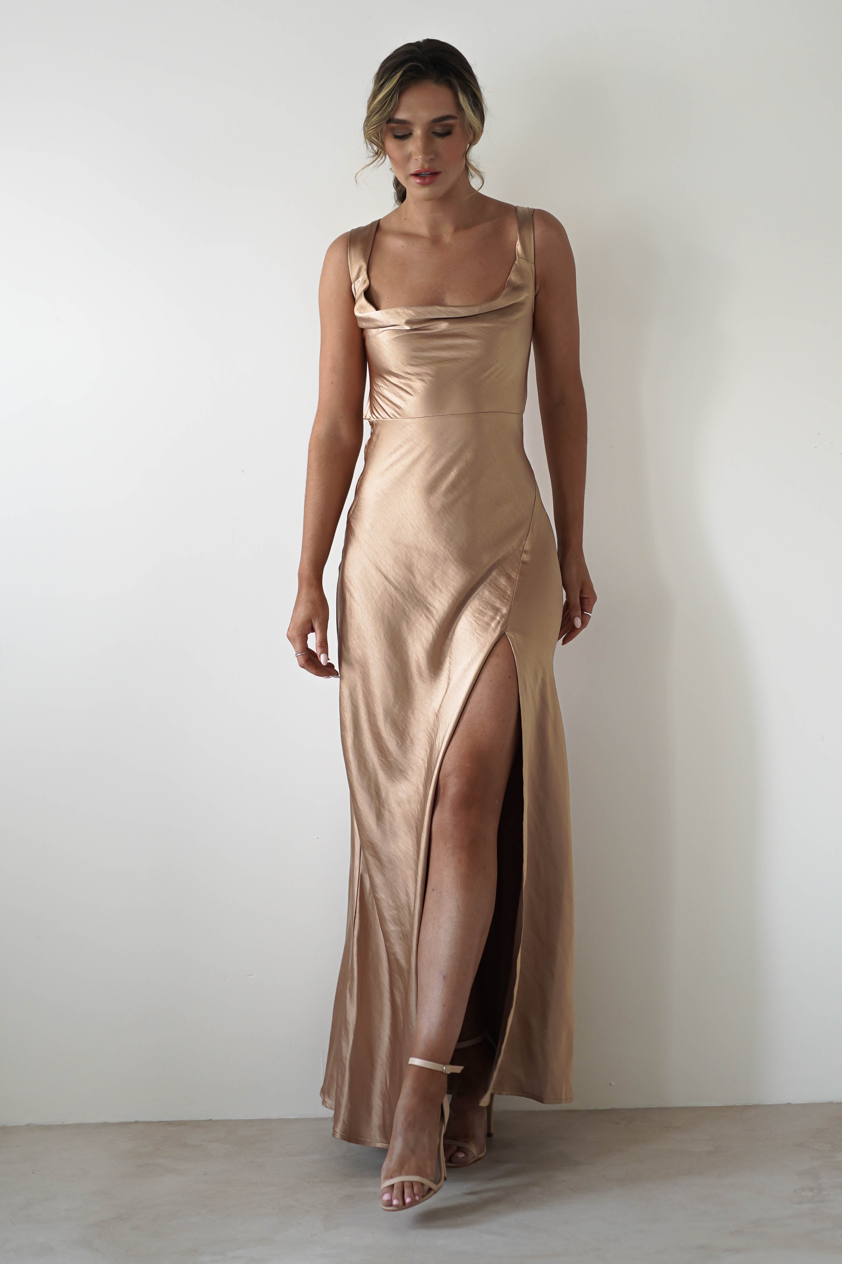 Riviera Soft Satin Maxi Gown | Gold/Bronze | Debs & Prom | Formal Gown | Oh Hello Clothing