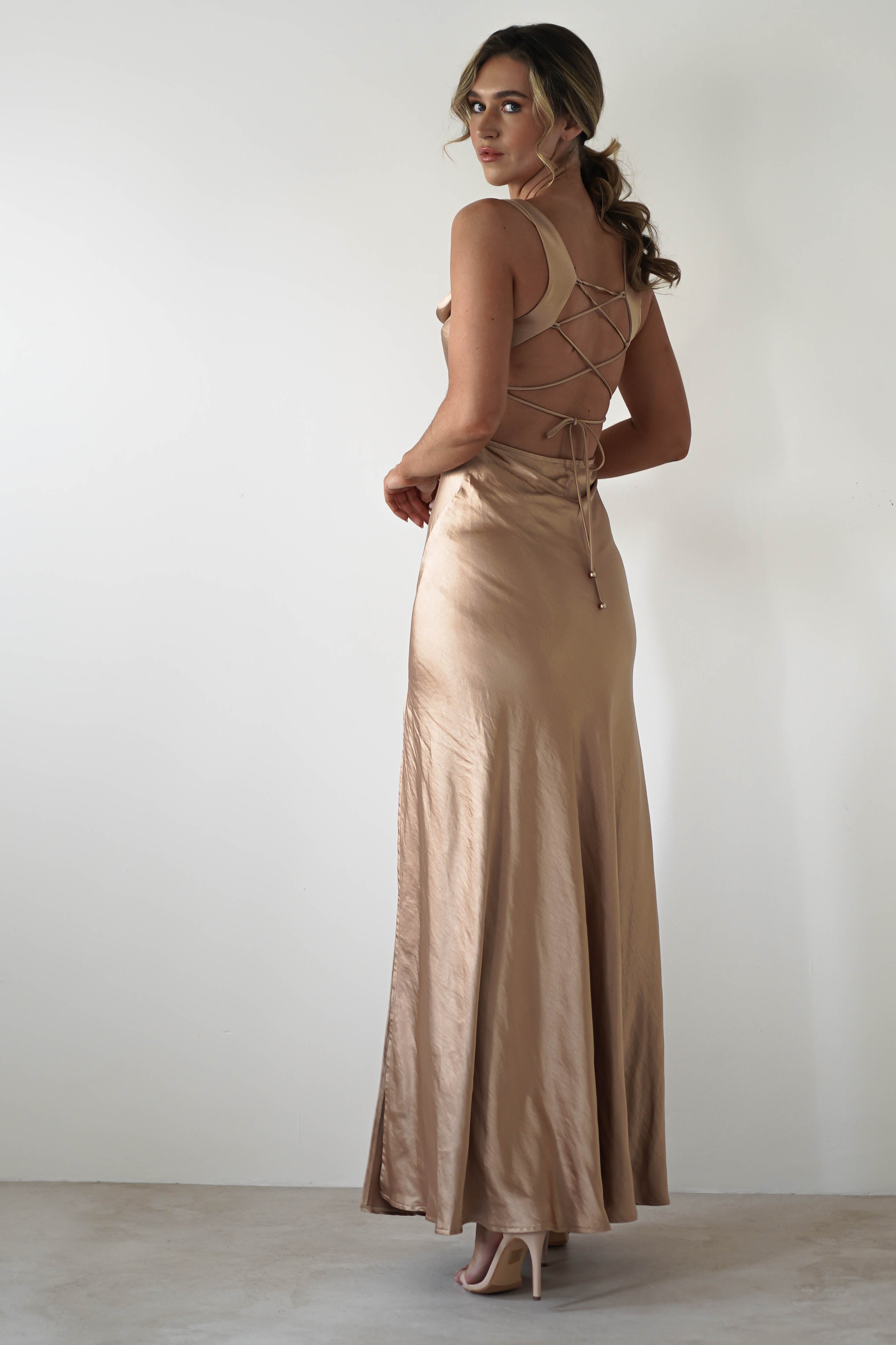 Riviera Soft Satin Maxi Gown | Gold/Bronze | Debs & Prom | Formal Gown | Oh Hello Clothing