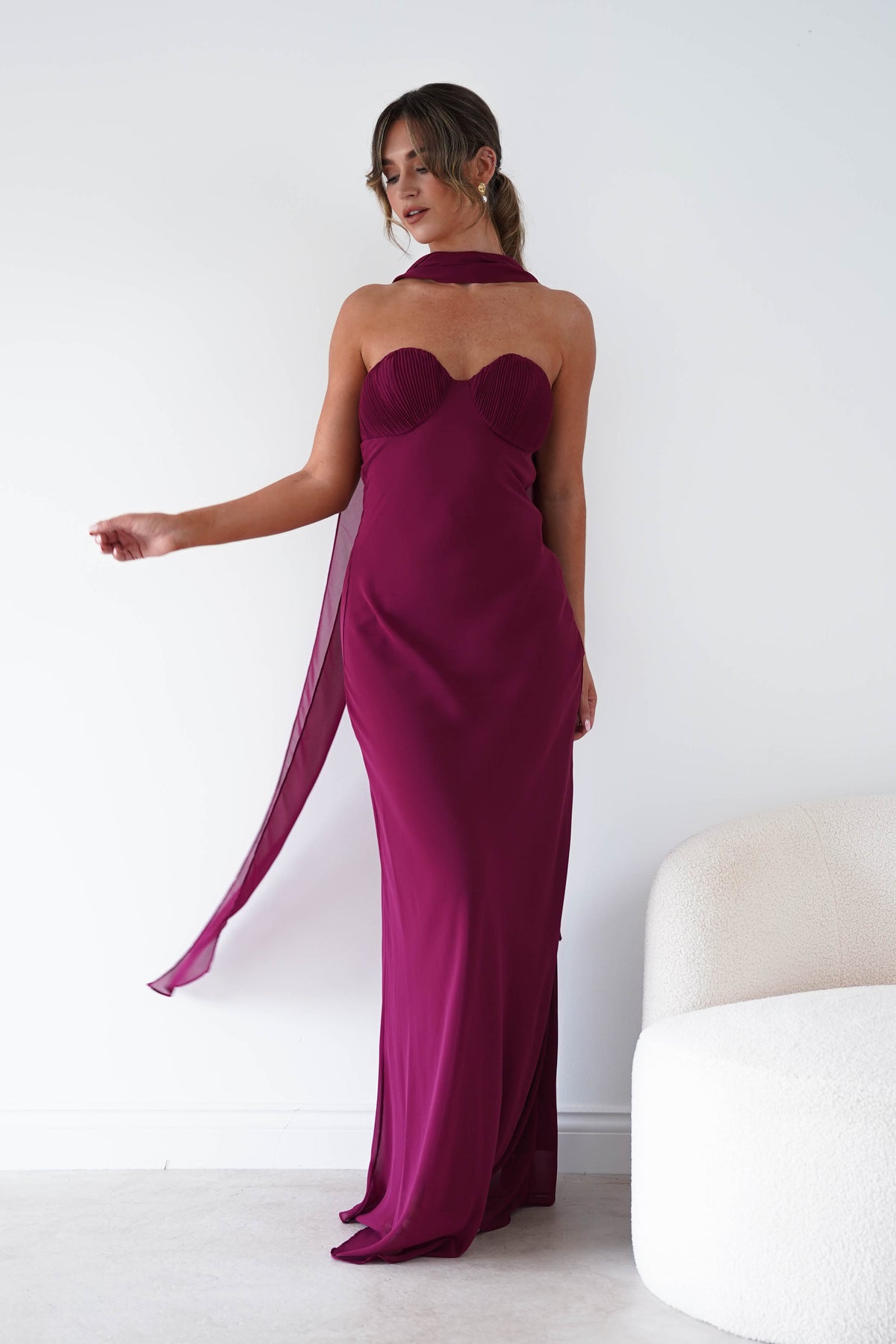 Oh Hello Clothing Women > Clothing > Dresses Robyn Strapless Chiffon Scarf Maxi Dress | Berry