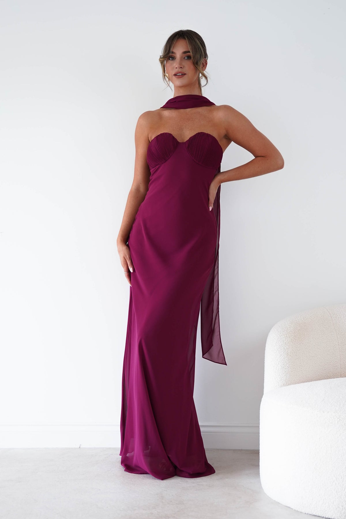 Oh Hello Clothing Women > Clothing > Dresses Robyn Strapless Chiffon Scarf Maxi Dress | Berry