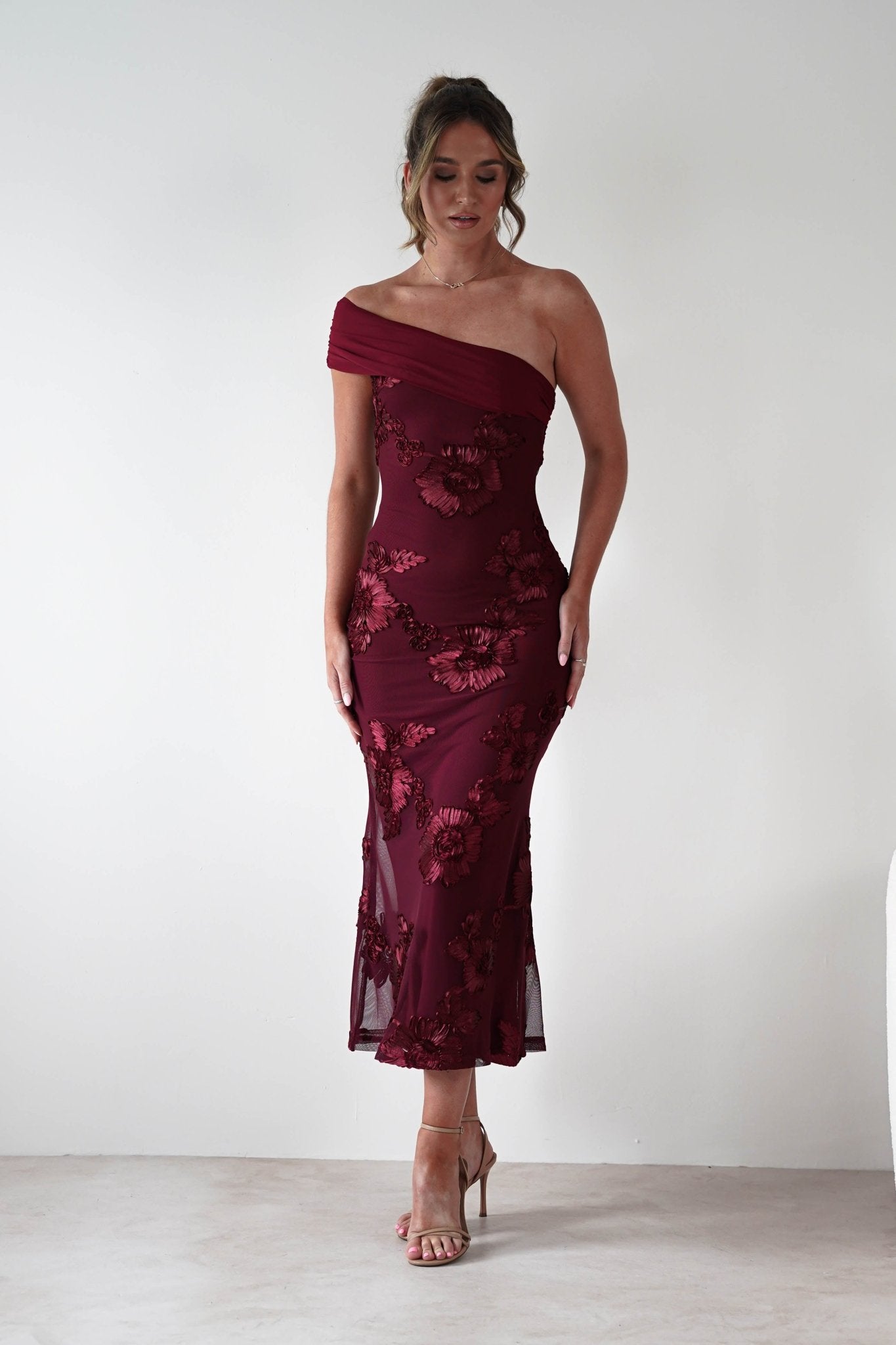 Rochelle Off The Shoulder Midi Dress Wine | Wedding Guest Dress | Off Shoulder | Midi | Oh Hello Clothing