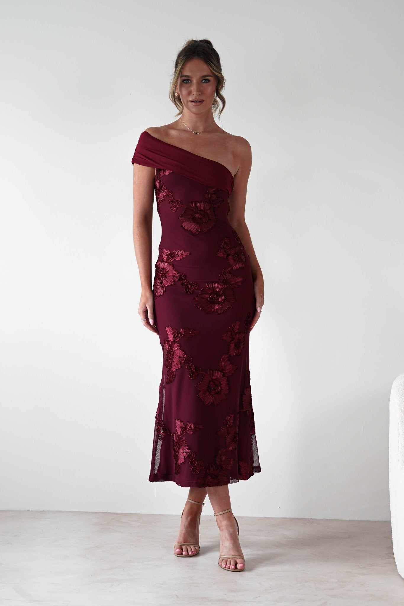 Rochelle Off The Shoulder Midi Dress Wine | Wedding Guest Dress | Off Shoulder | Midi | Oh Hello Clothing