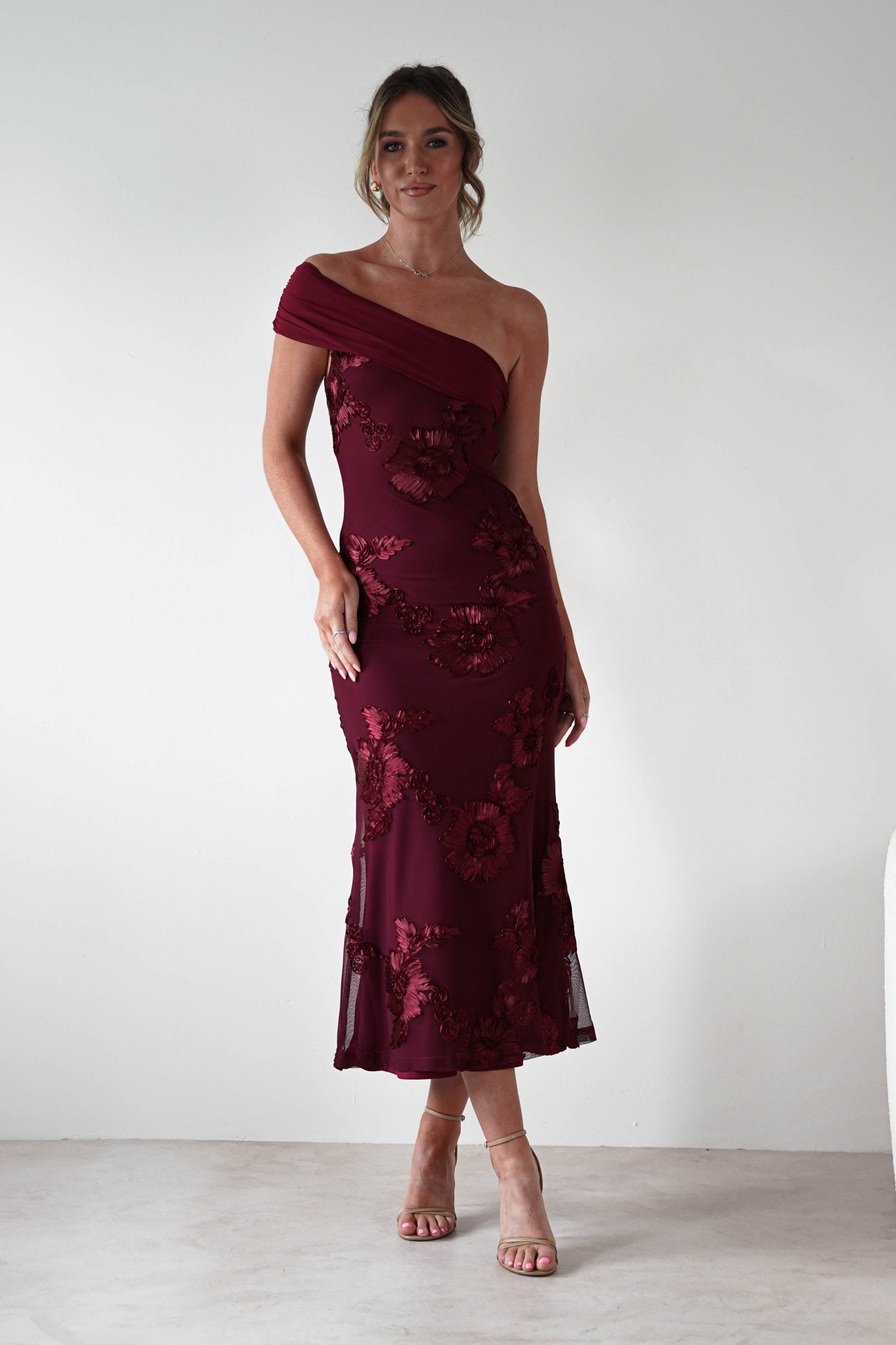 Rochelle Off The Shoulder Midi Dress Wine | Wedding Guest Dress | Off Shoulder | Midi | Oh Hello Clothing