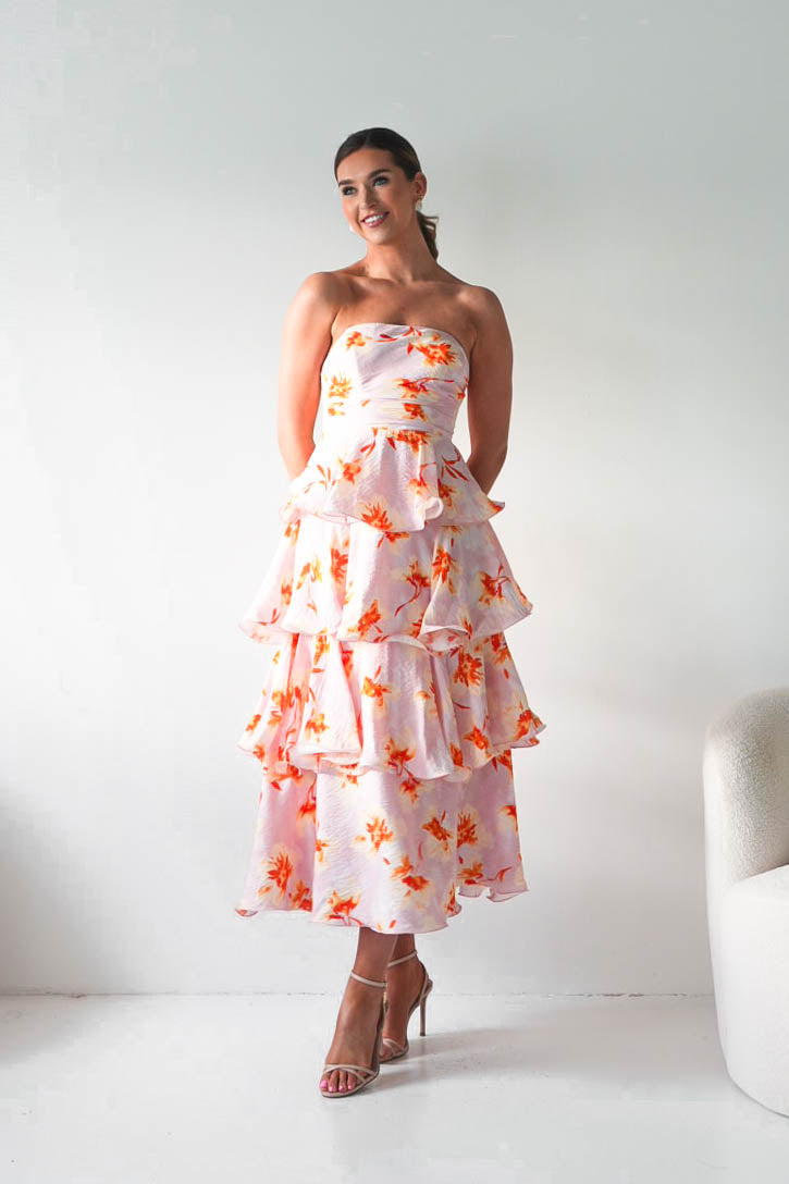 Oh Hello Clothing Women > Clothing > Dresses Rosha Floral Tiered Strapless Maxi Dress | Peach