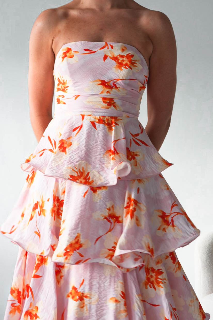 Oh Hello Clothing Women > Clothing > Dresses Rosha Floral Tiered Strapless Maxi Dress | Peach