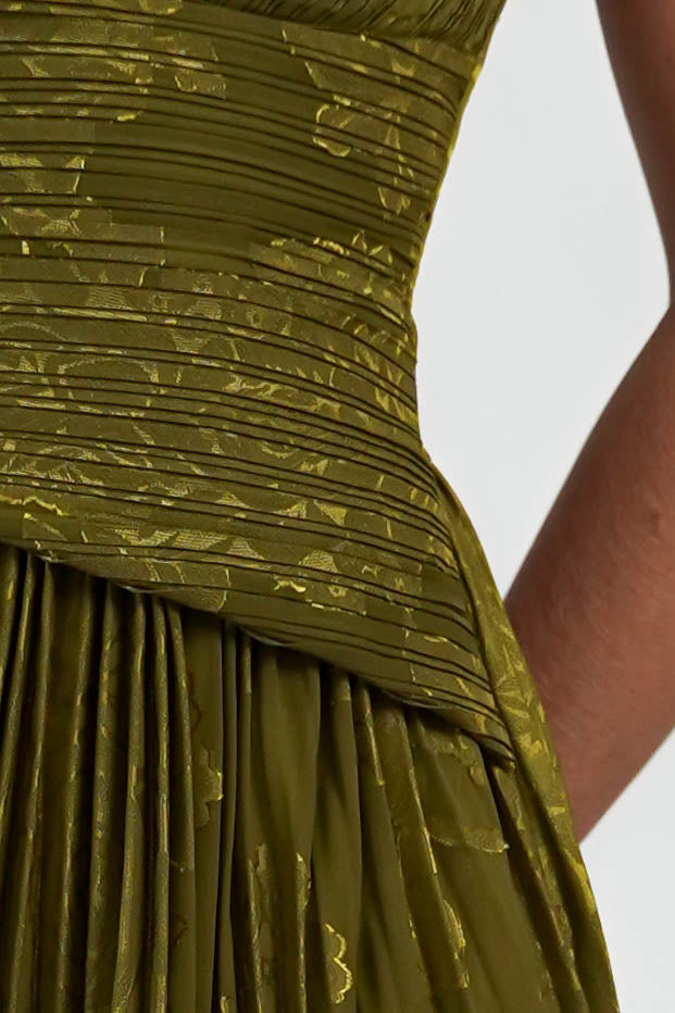 Oh Hello Clothing Women > Clothing > Dresses Rubi Floral Textured Ruffle Pleated Maxi Dress | Green