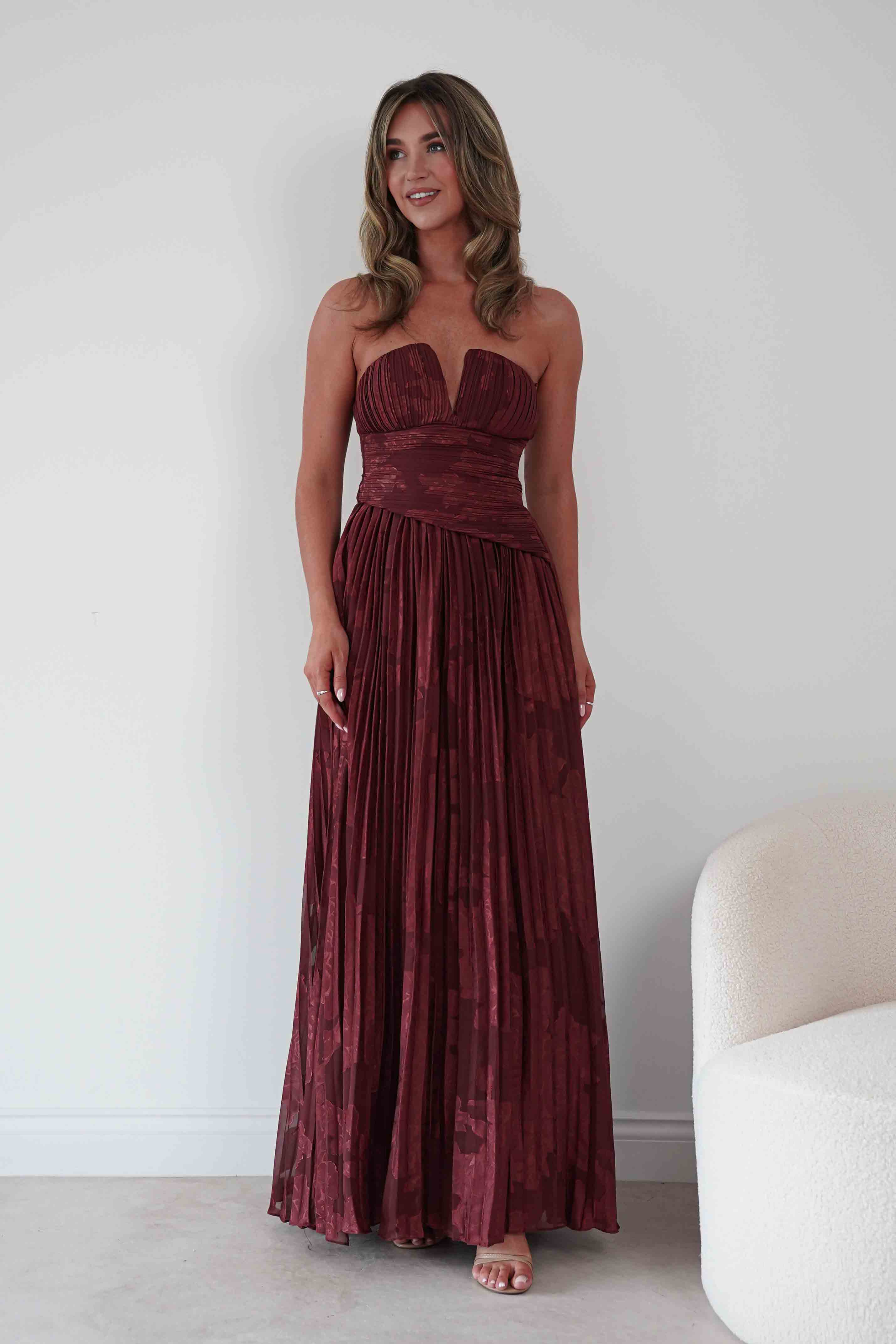 Oh Hello Clothing Women > Clothing > Dresses Rubi Floral Textured Ruffle Pleated Maxi Dress | Wine