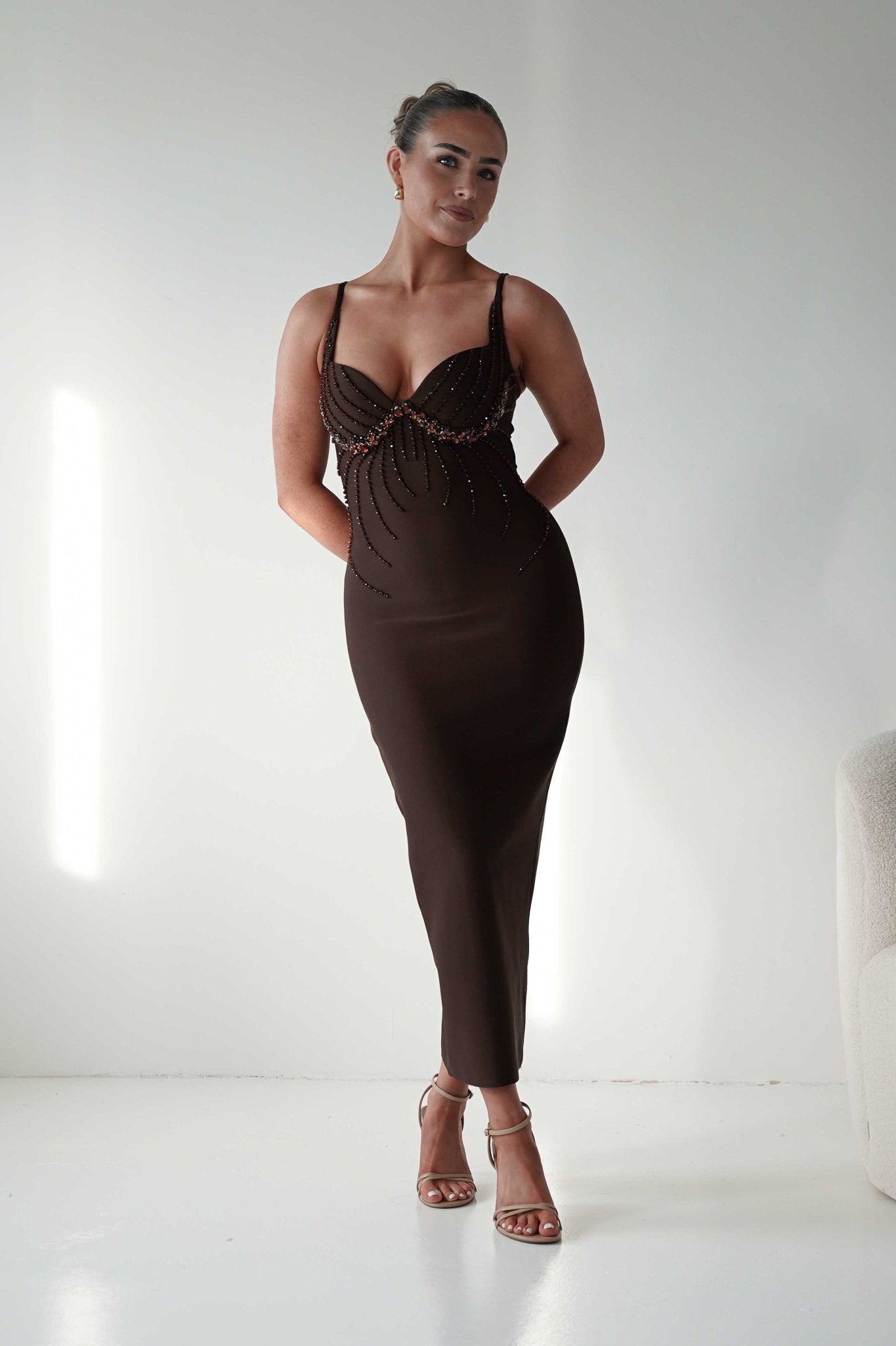 Oh Hello Clothing Dresses 1*DONE - F&P - 616015- brown midi dress featuring intricate bead