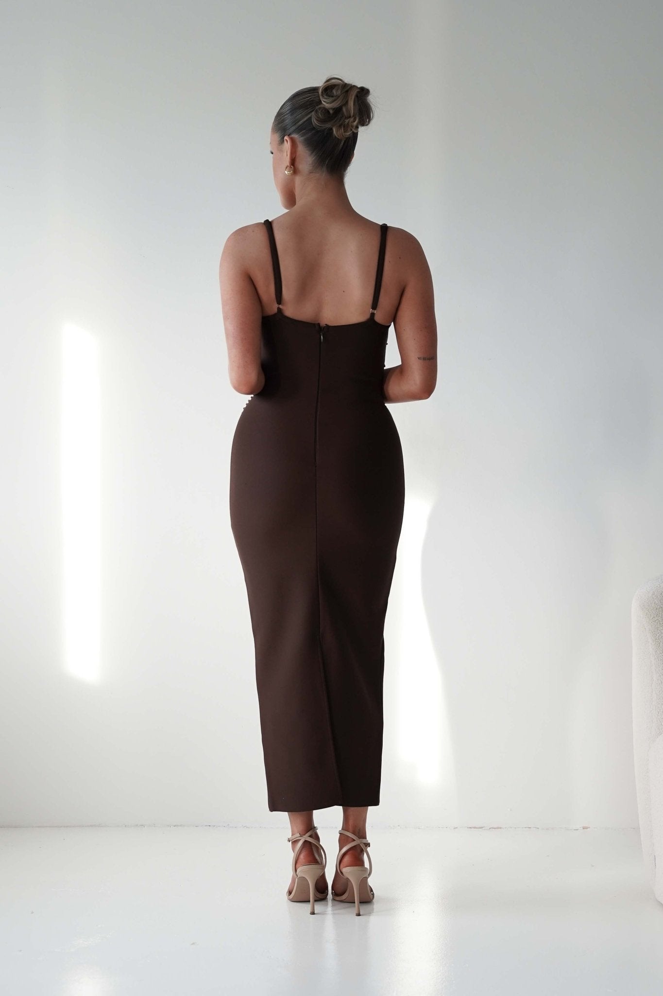 Oh Hello Clothing Dresses 1*DONE - F&P - 616015- brown midi dress featuring intricate bead