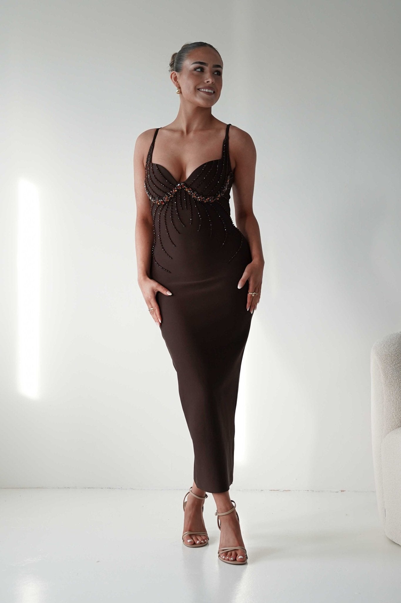 Oh Hello Clothing Dresses 1*DONE - F&P - 616015- brown midi dress featuring intricate bead