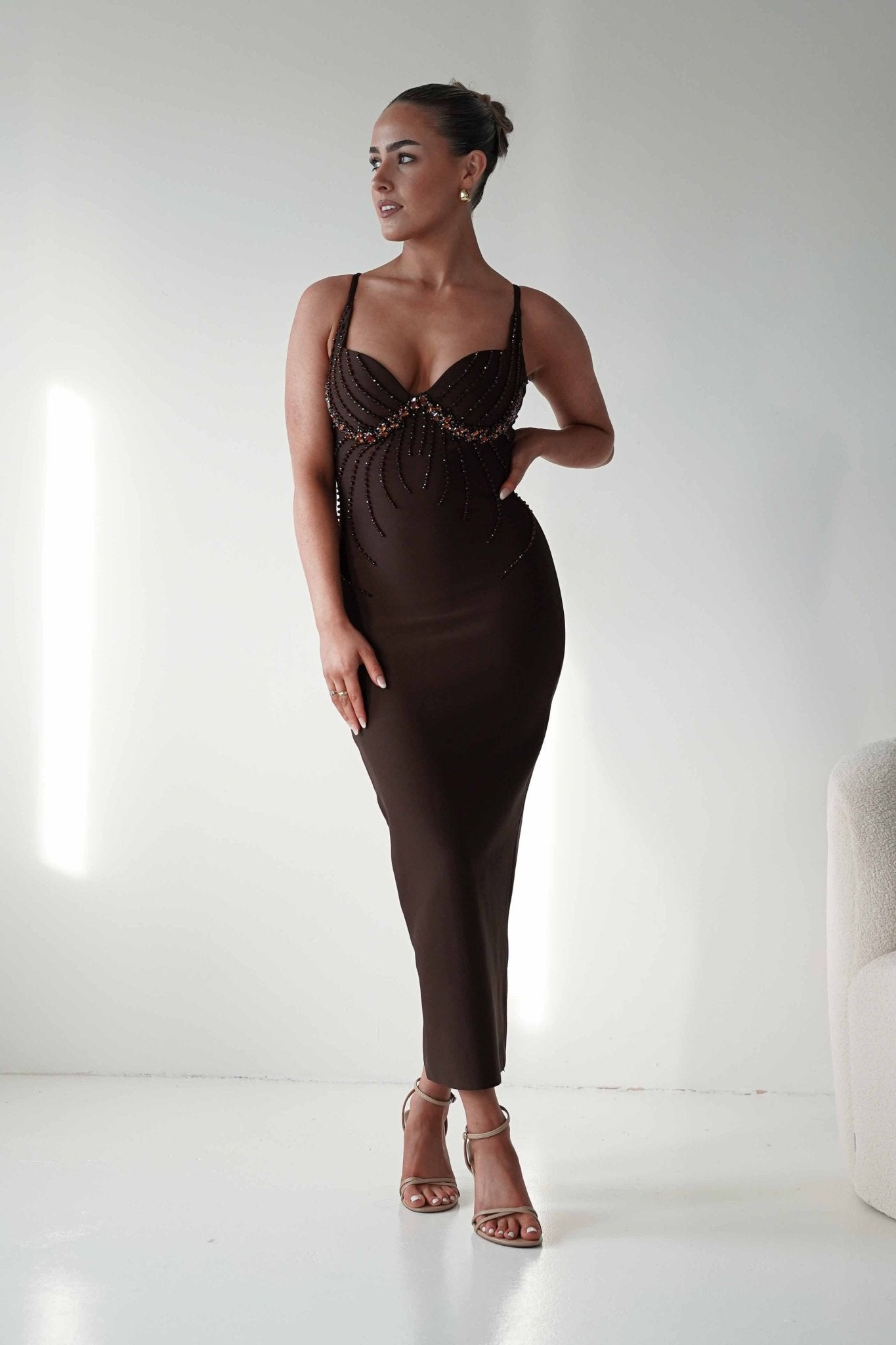 Oh Hello Clothing Dresses 1*DONE - F&P - 616015- brown midi dress featuring intricate bead