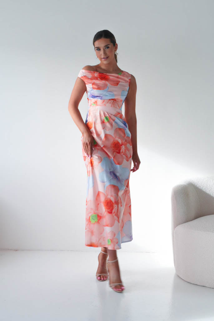 Oh Hello Clothing Women > Clothing > Dresses Rumi Floral Print Off The Shoulder Maxi | Orange/Lilac