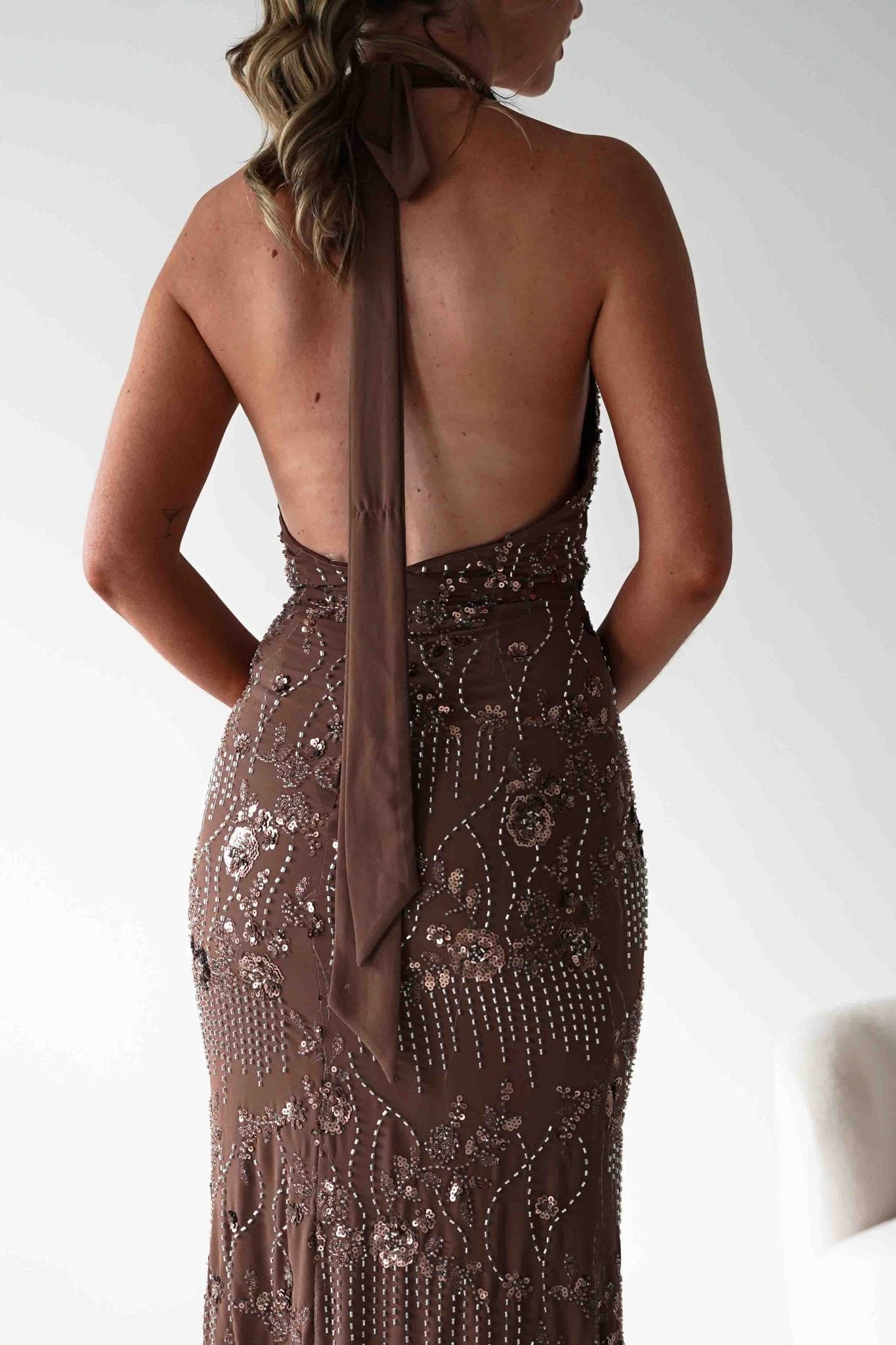 Sabrina Beaded Halterneck Maxi Dress Brown | Wedding Guest Dress | Halter Neck | Maxi | Oh Hello Clothing