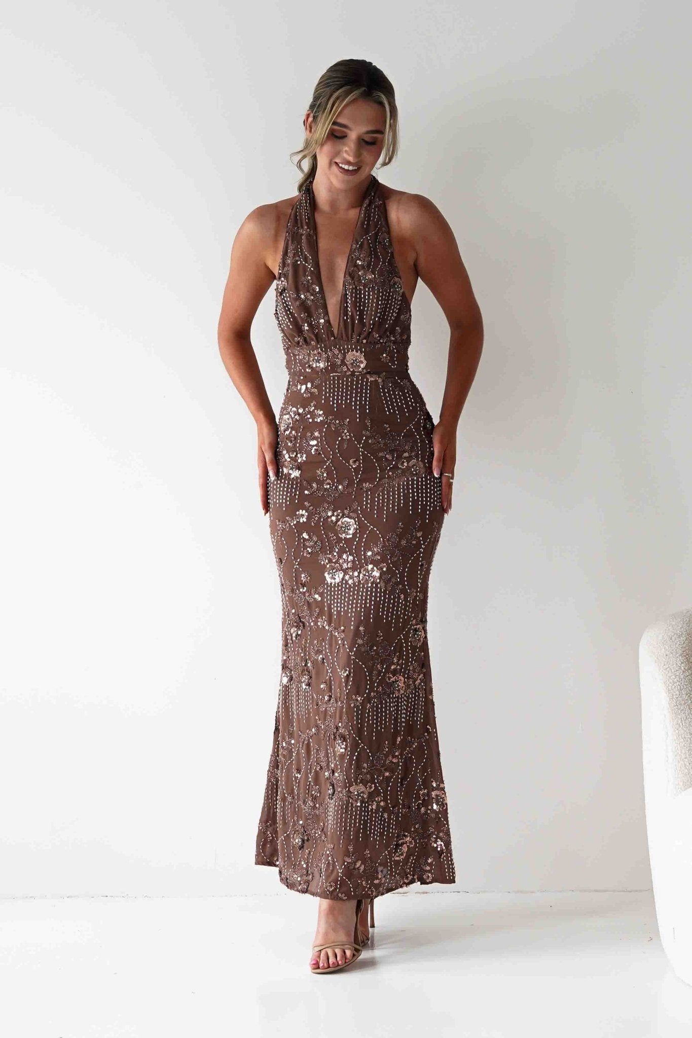 Sabrina Beaded Halterneck Maxi Dress Brown | Wedding Guest Dress | Halter Neck | Maxi | Oh Hello Clothing