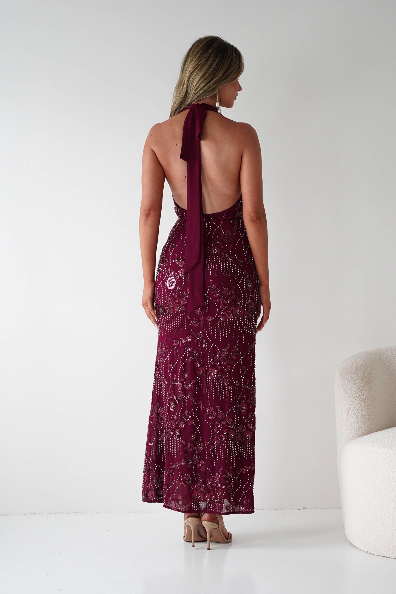 Oh Hello Clothing Dresses Sabrina Beaded Halterneck Maxi Dress | Wine